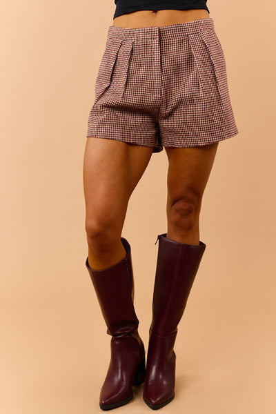 Maroon Houndstooth Wool Blend Pleated Shorts