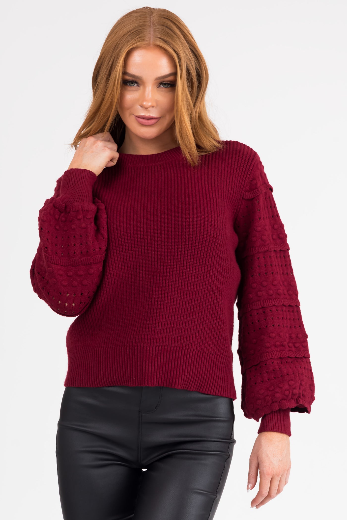 Maroon Long Sleeve Pointelle Detail Sweater