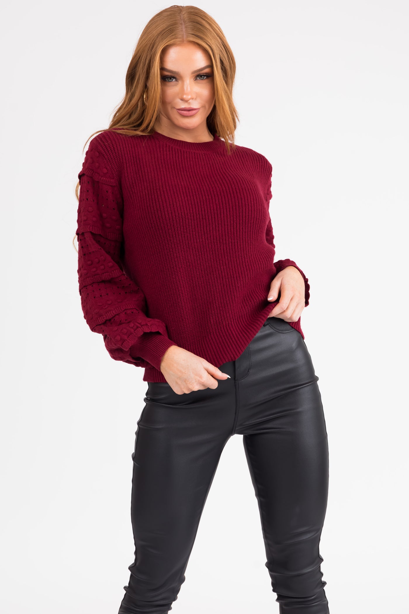 Maroon Long Sleeve Pointelle Detail Sweater