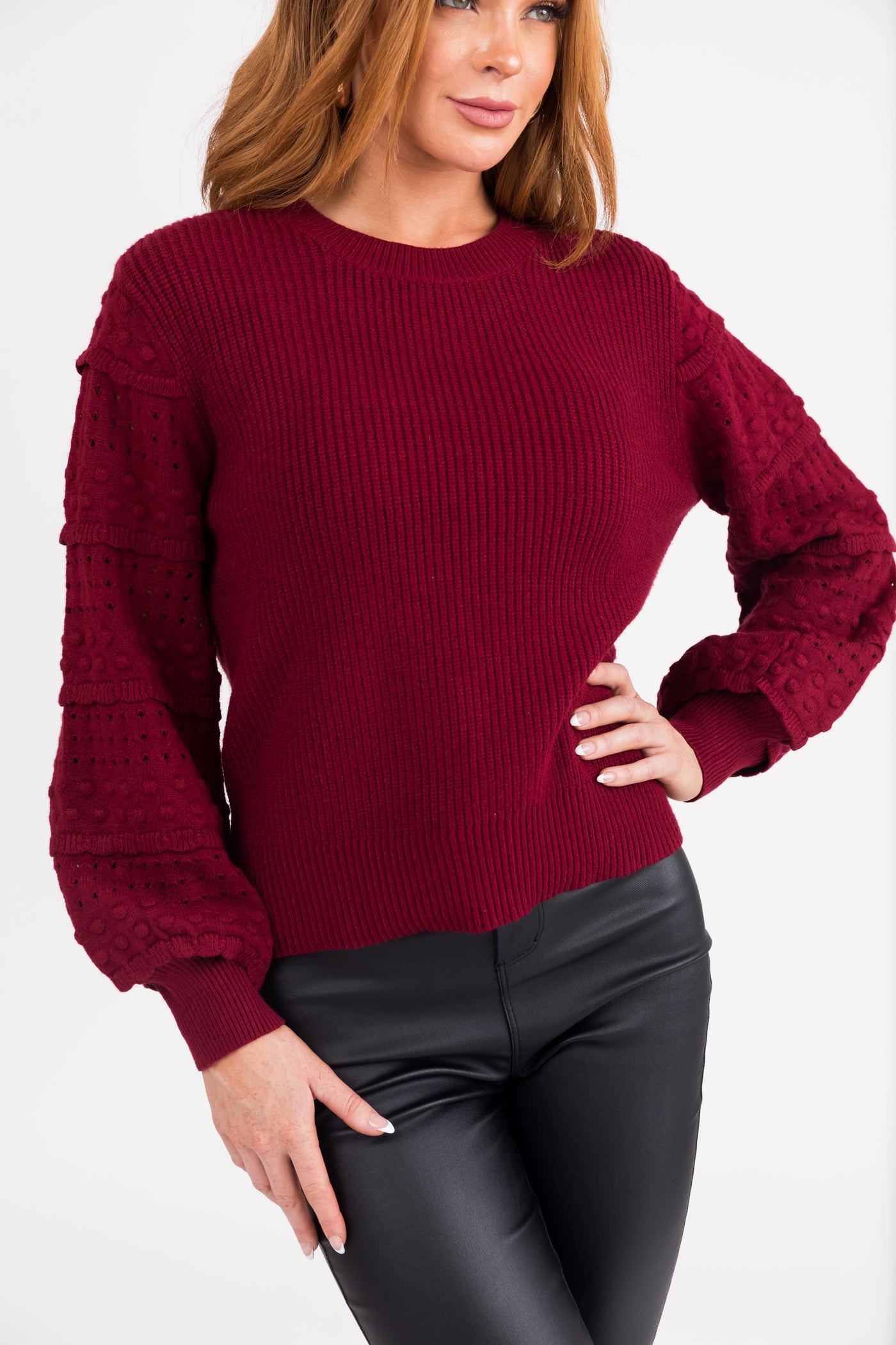 Maroon Long Sleeve Pointelle Detail Sweater