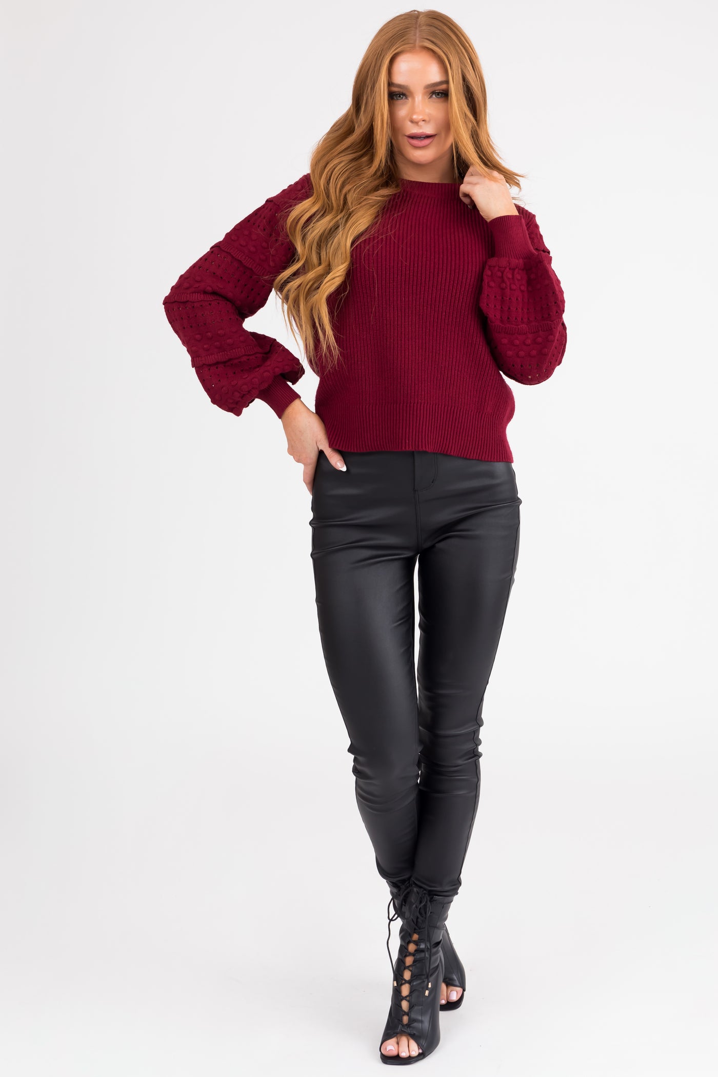 Maroon Long Sleeve Pointelle Detail Sweater | Lime Lush