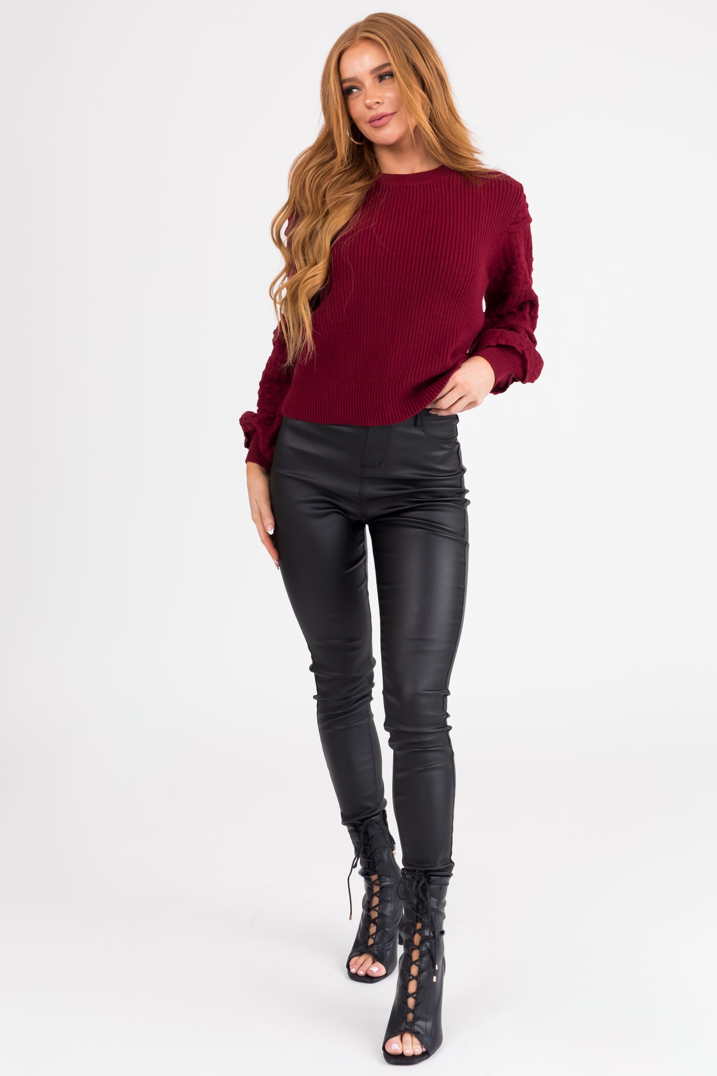 Maroon Long Sleeve Pointelle Detail Sweater | Lime Lush