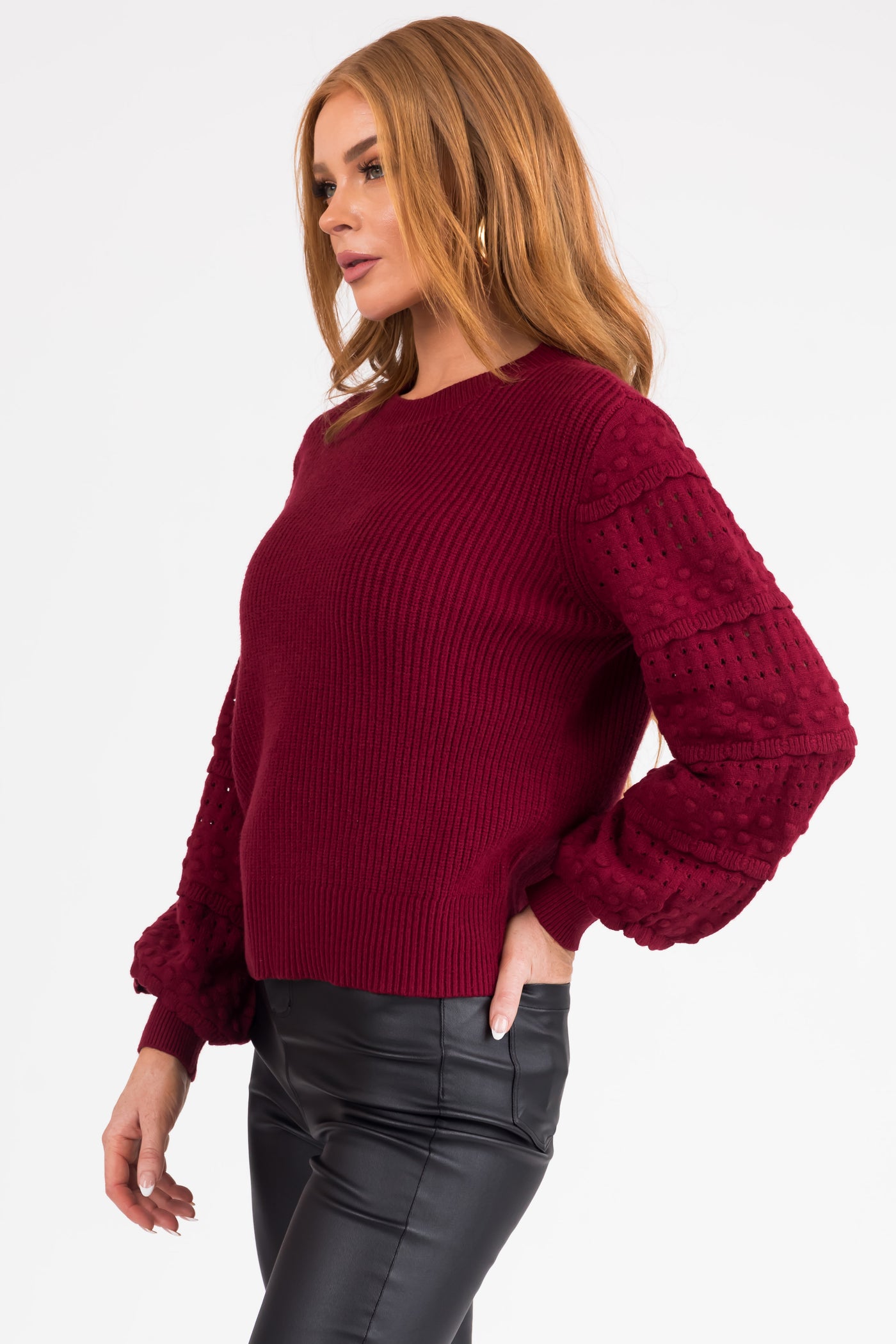 Maroon Long Sleeve Pointelle Detail Sweater