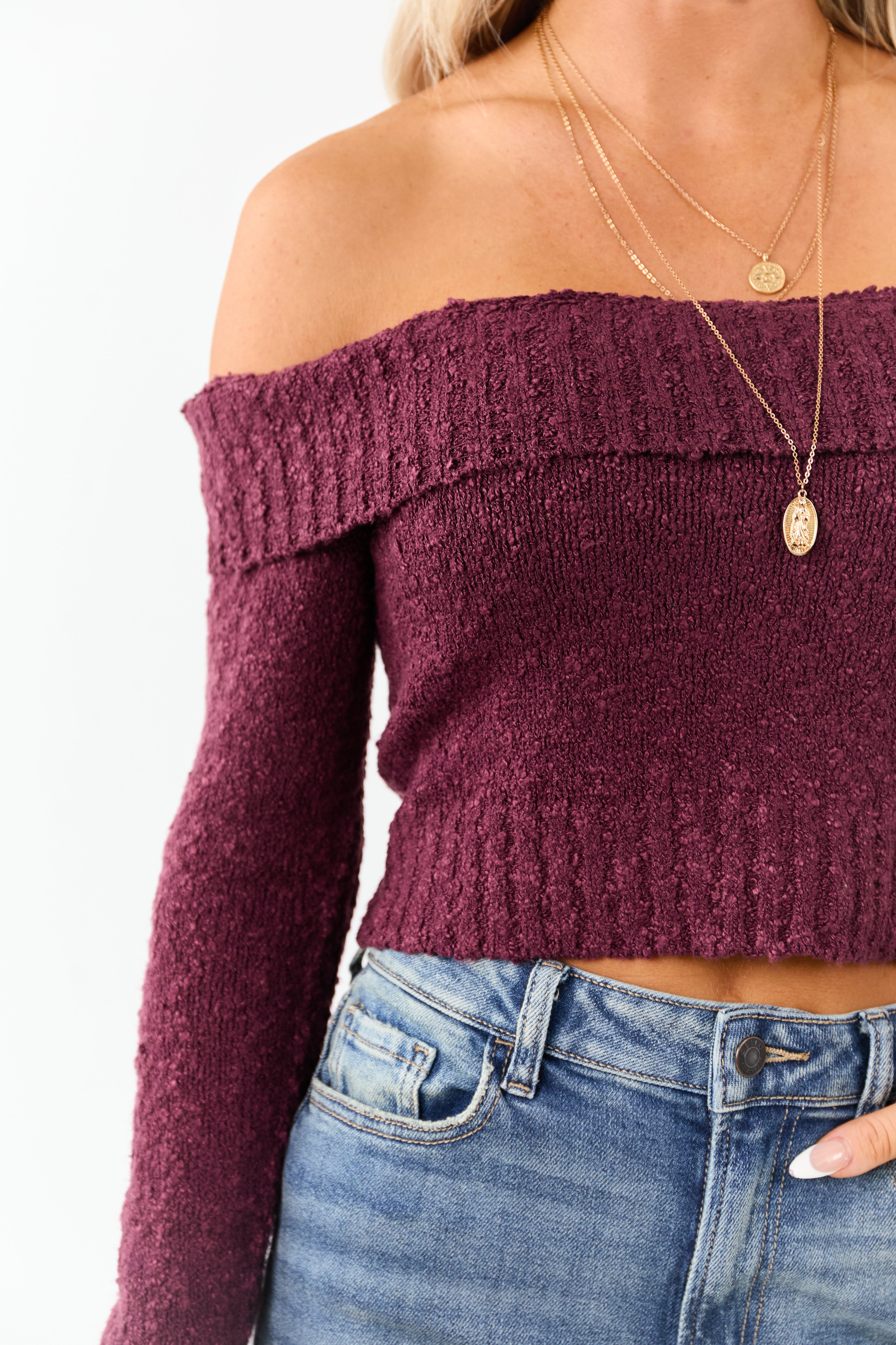 Maroon Off Shoulder Ribbed Trim Crop Sweater