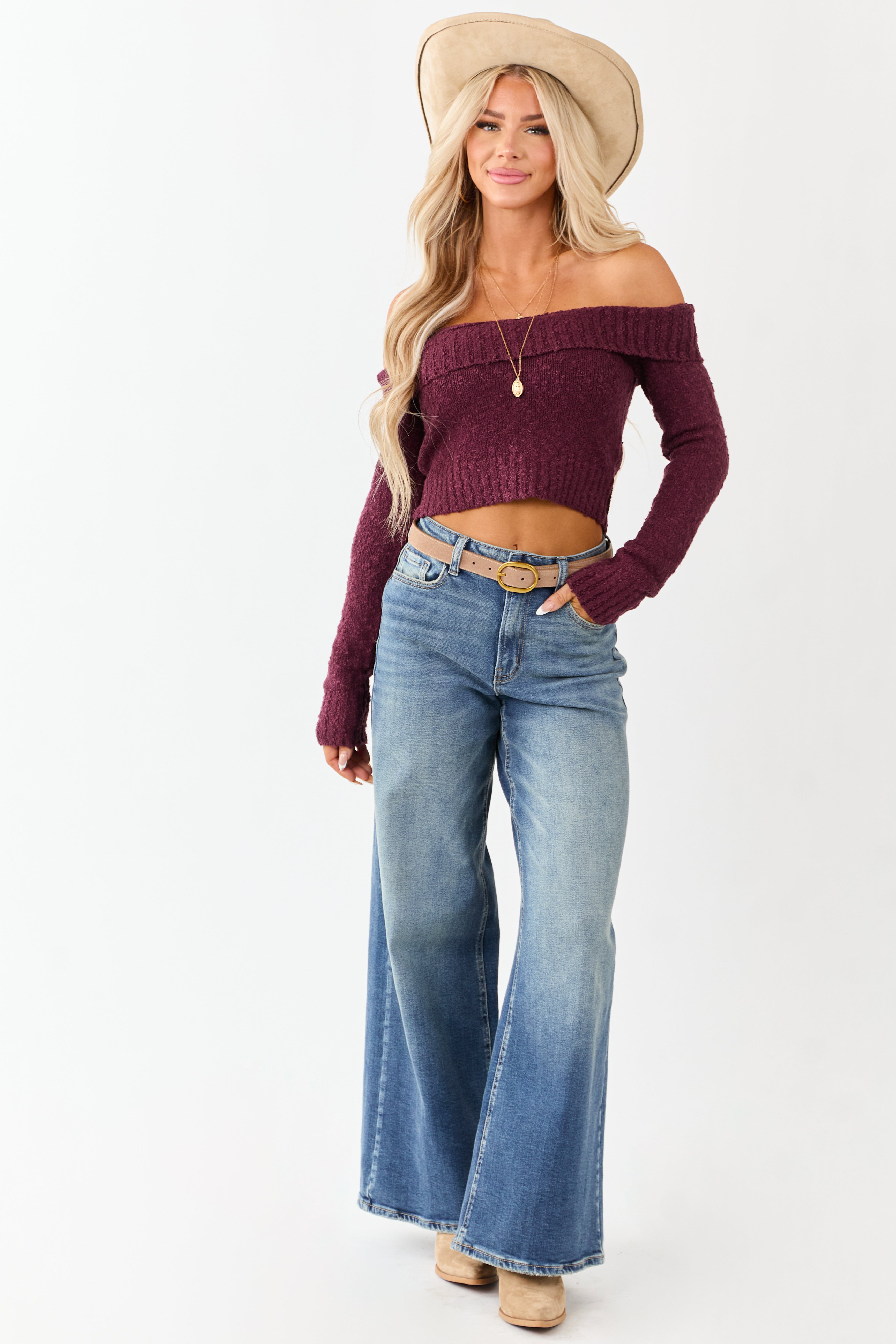 Maroon Off Shoulder Ribbed Trim Crop Sweater