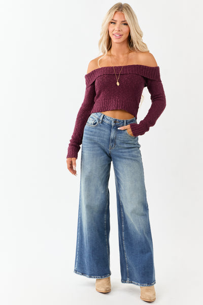 Maroon Off Shoulder Ribbed Trim Crop Sweater