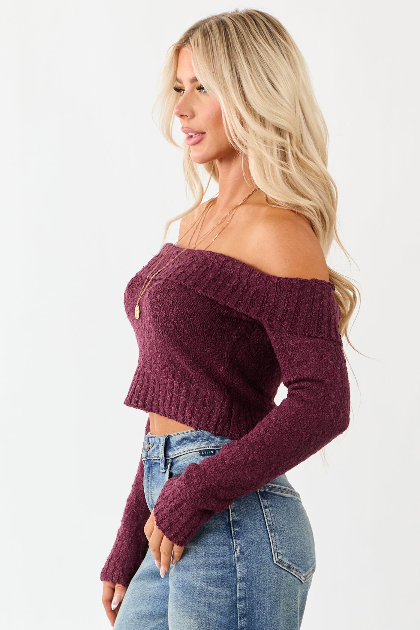 Maroon Off Shoulder Ribbed Trim Crop Sweater