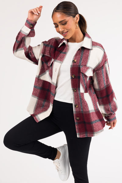 Maroon Plaid Soft Button Down Shacket