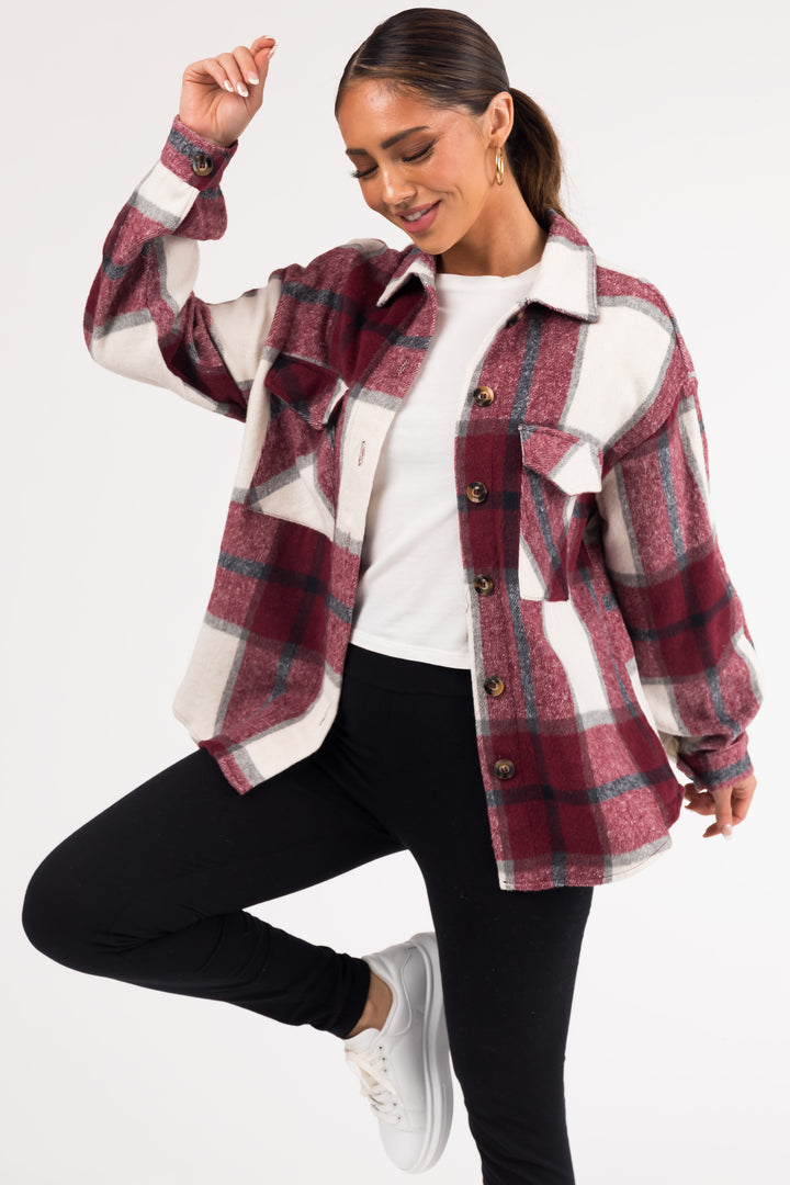 Maroon Plaid Soft Button Down Shacket