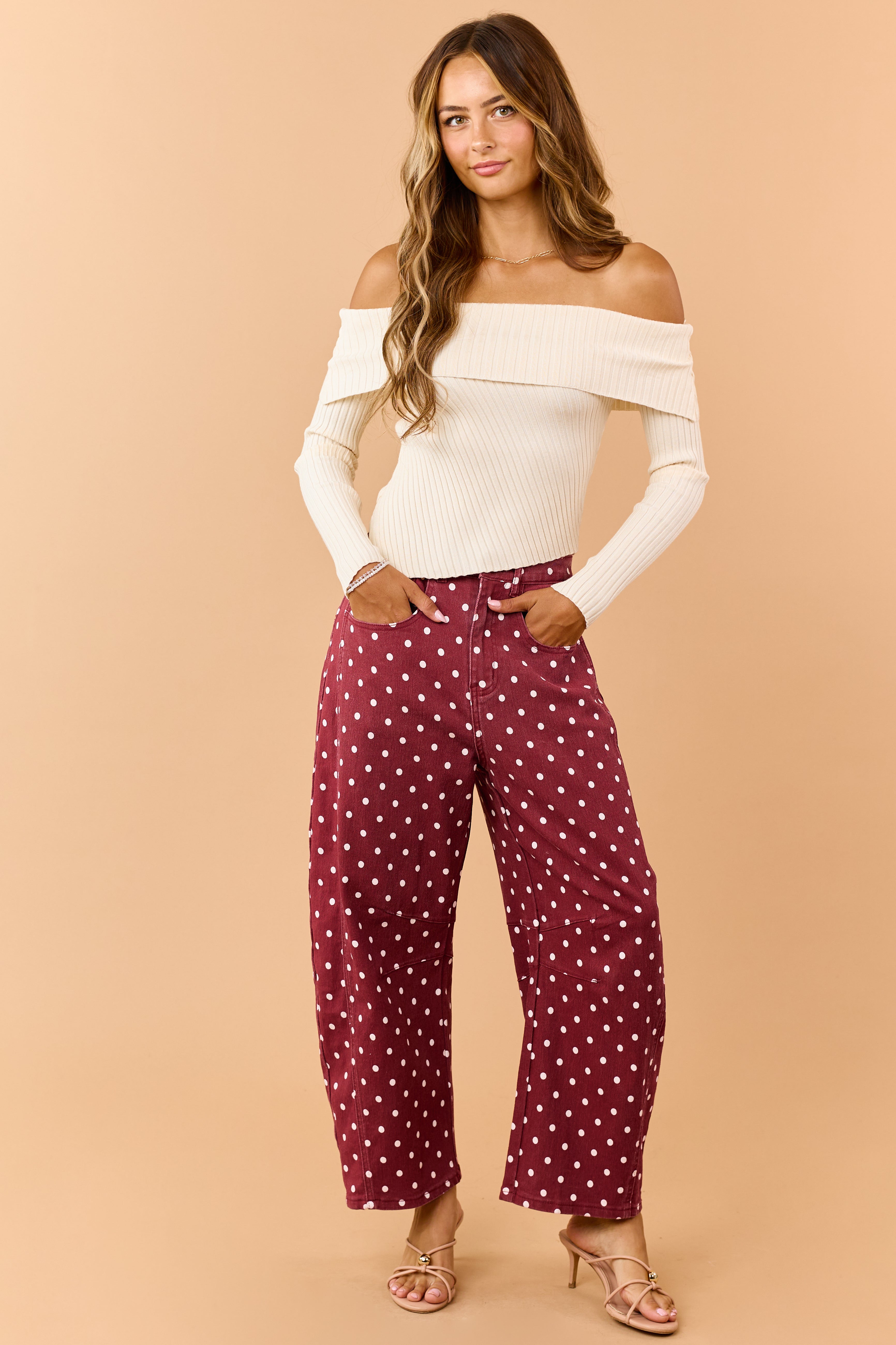 Maroon Polka Dot Stretchy Crop Barrel Jeans