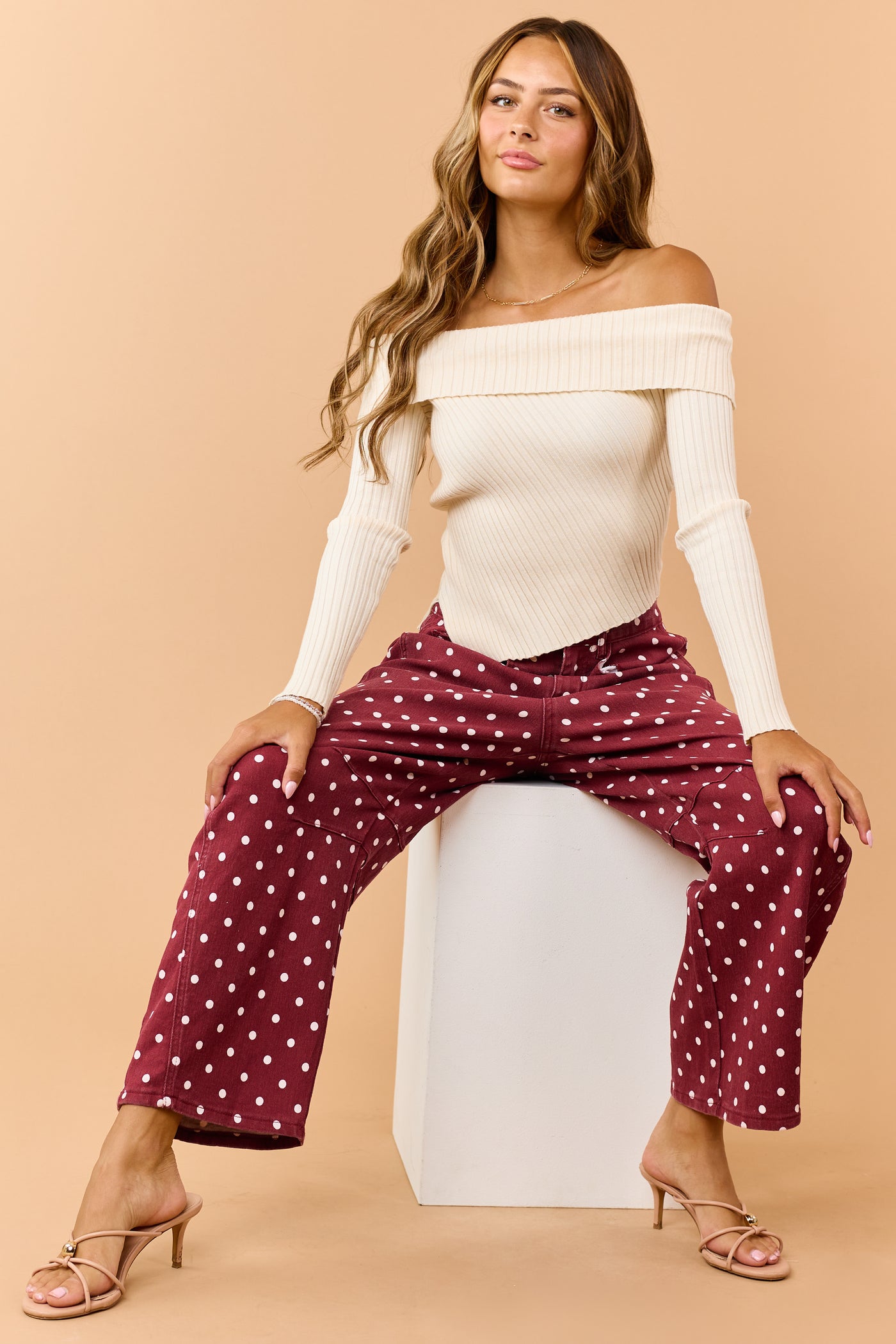Maroon Polka Dot Stretchy Crop Barrel Jeans