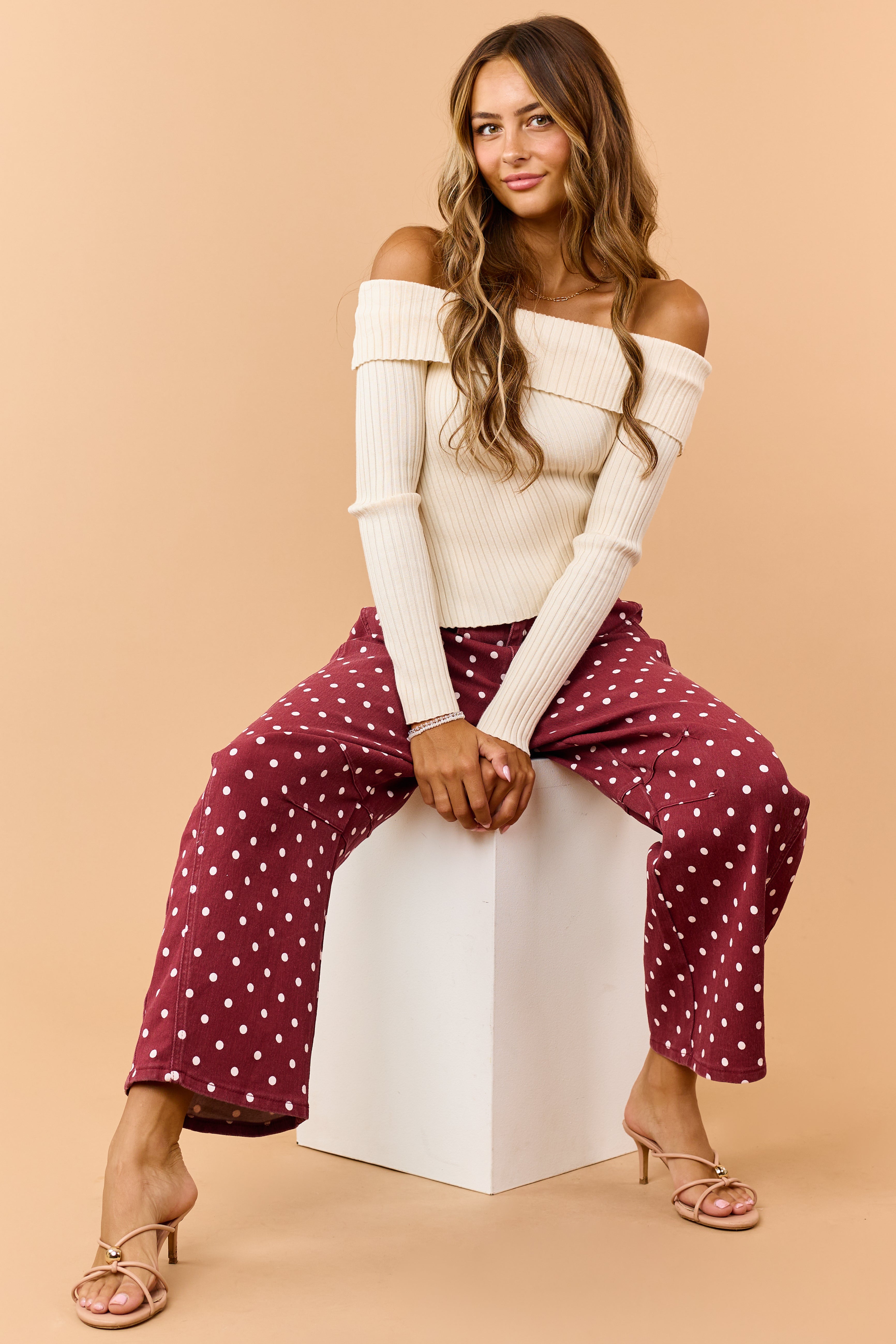 Maroon Polka Dot Stretchy Crop Barrel Jeans