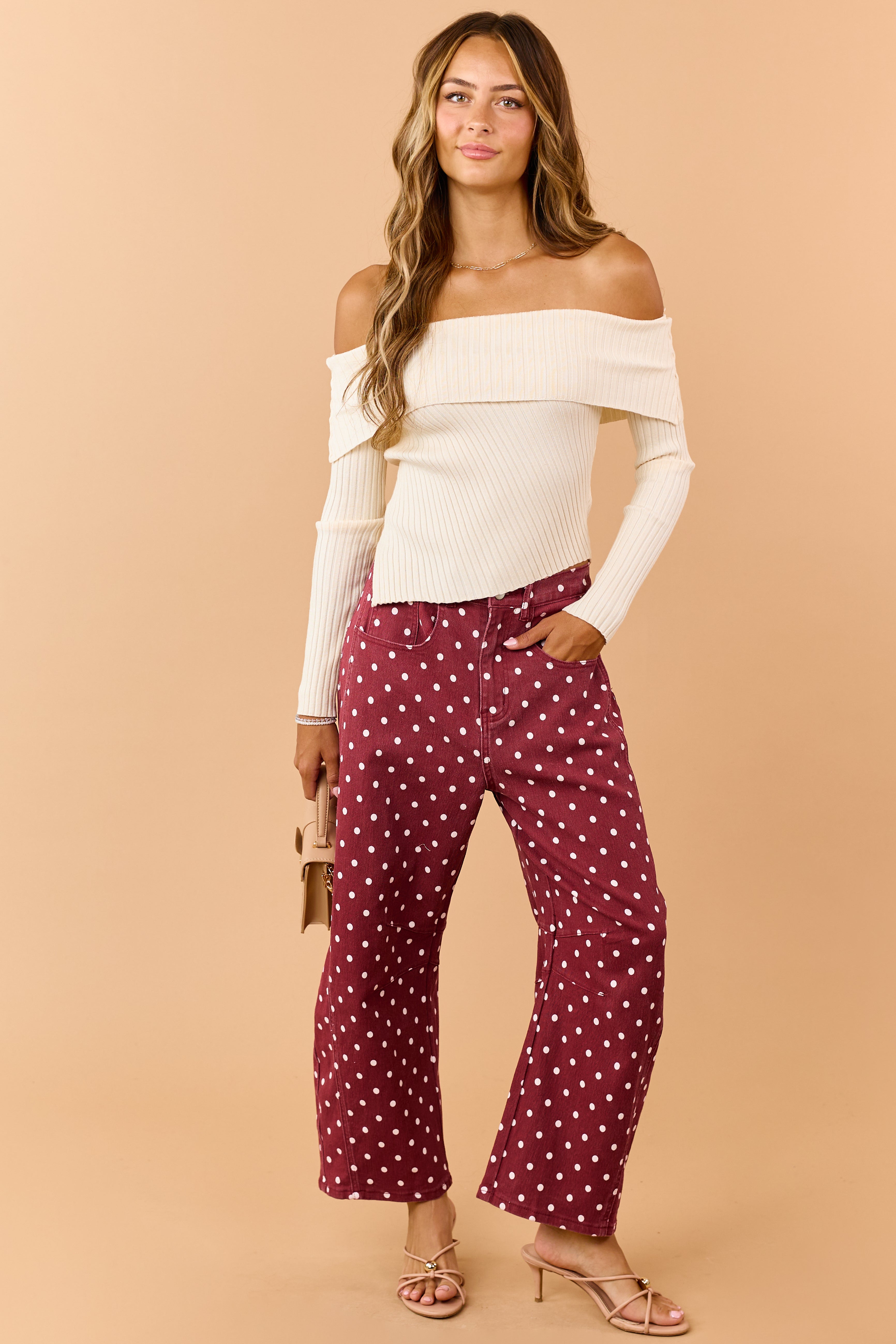 Maroon Polka Dot Stretchy Crop Barrel Jeans