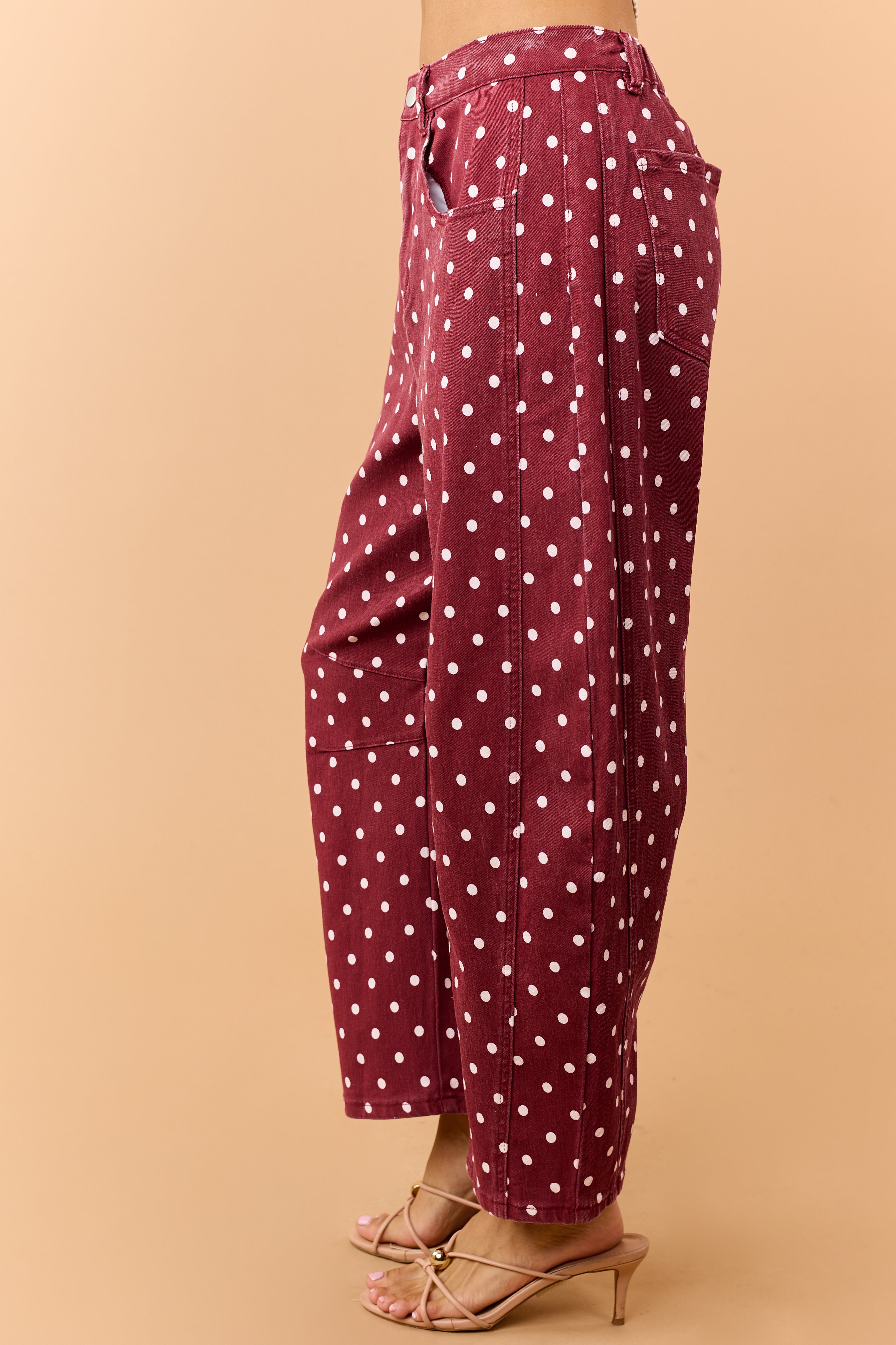 Maroon Polka Dot Stretchy Crop Barrel Jeans