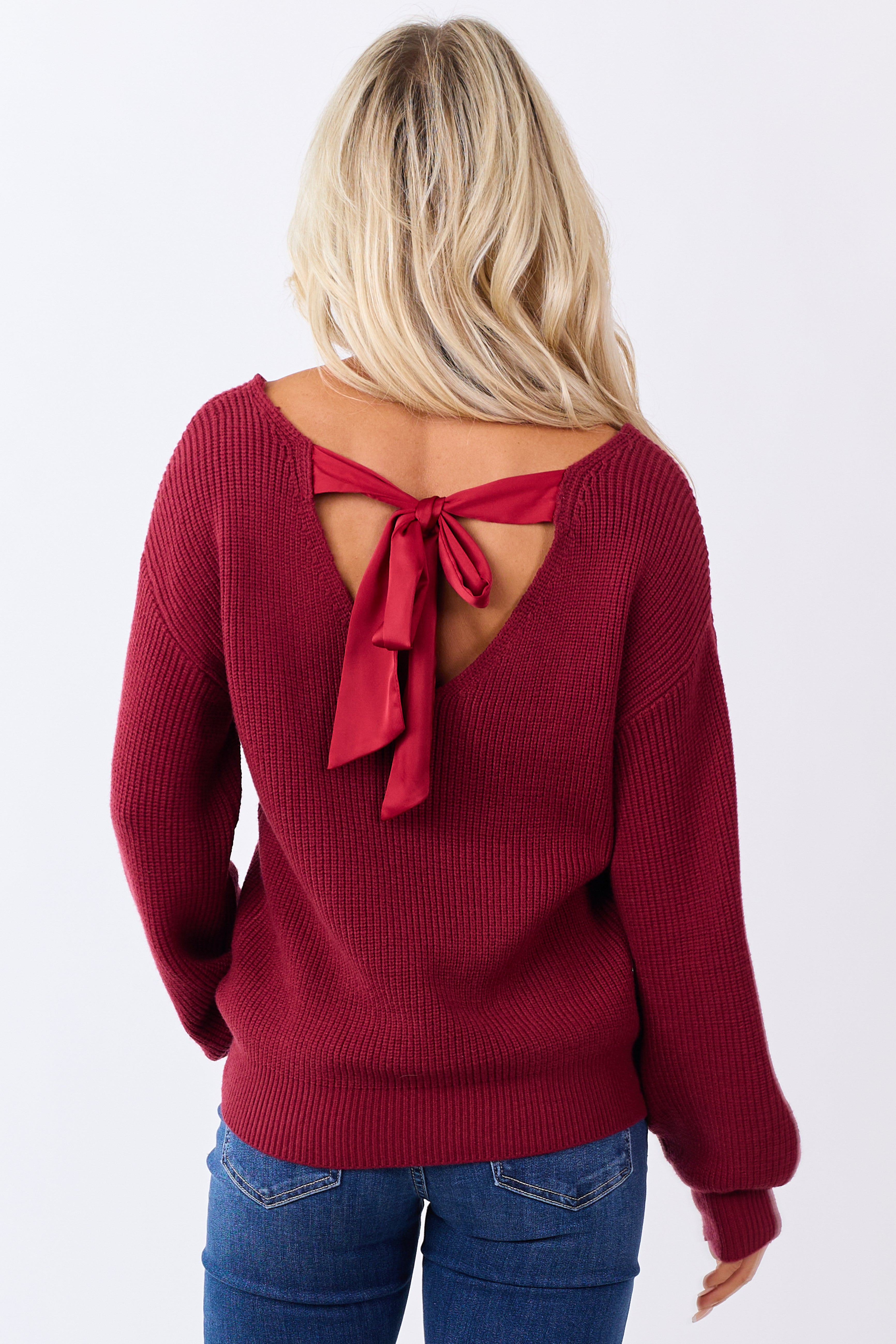 Maroon Rib Knit Low V Back Contrast Ribbon Sweater