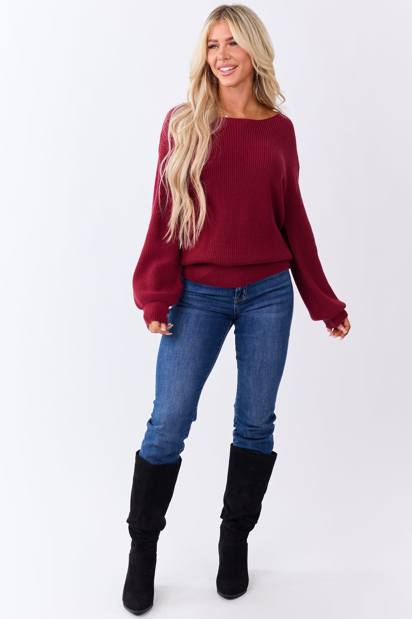Maroon Rib Knit Low V Back Contrast Ribbon Sweater