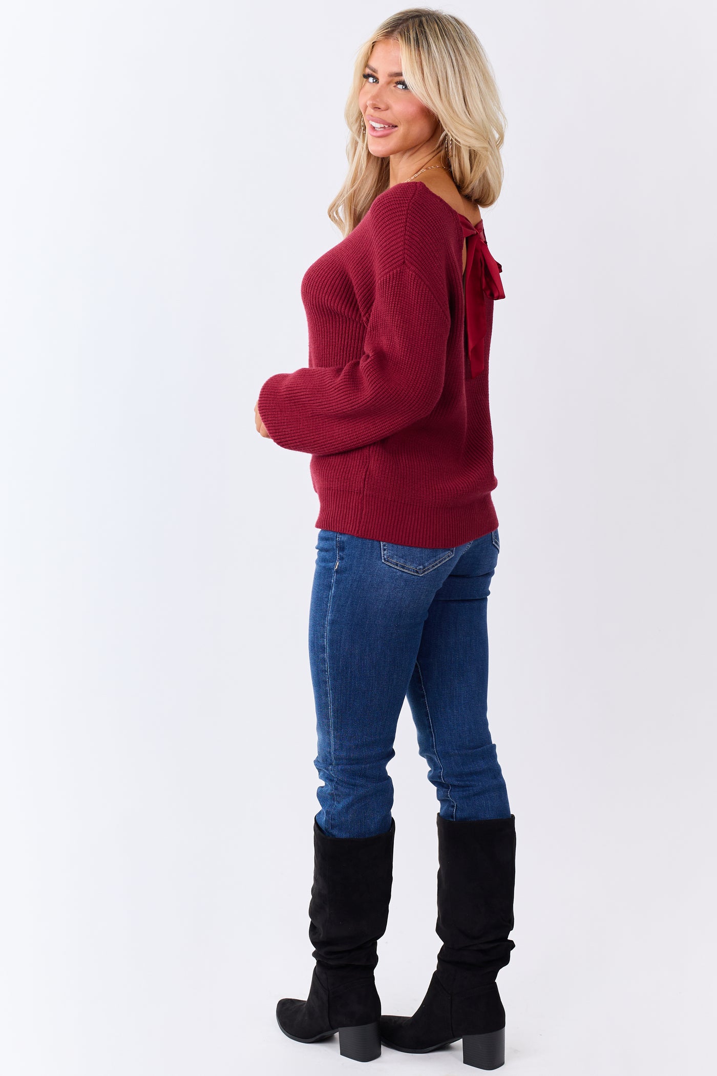 Maroon Rib Knit Low V Back Contrast Ribbon Sweater