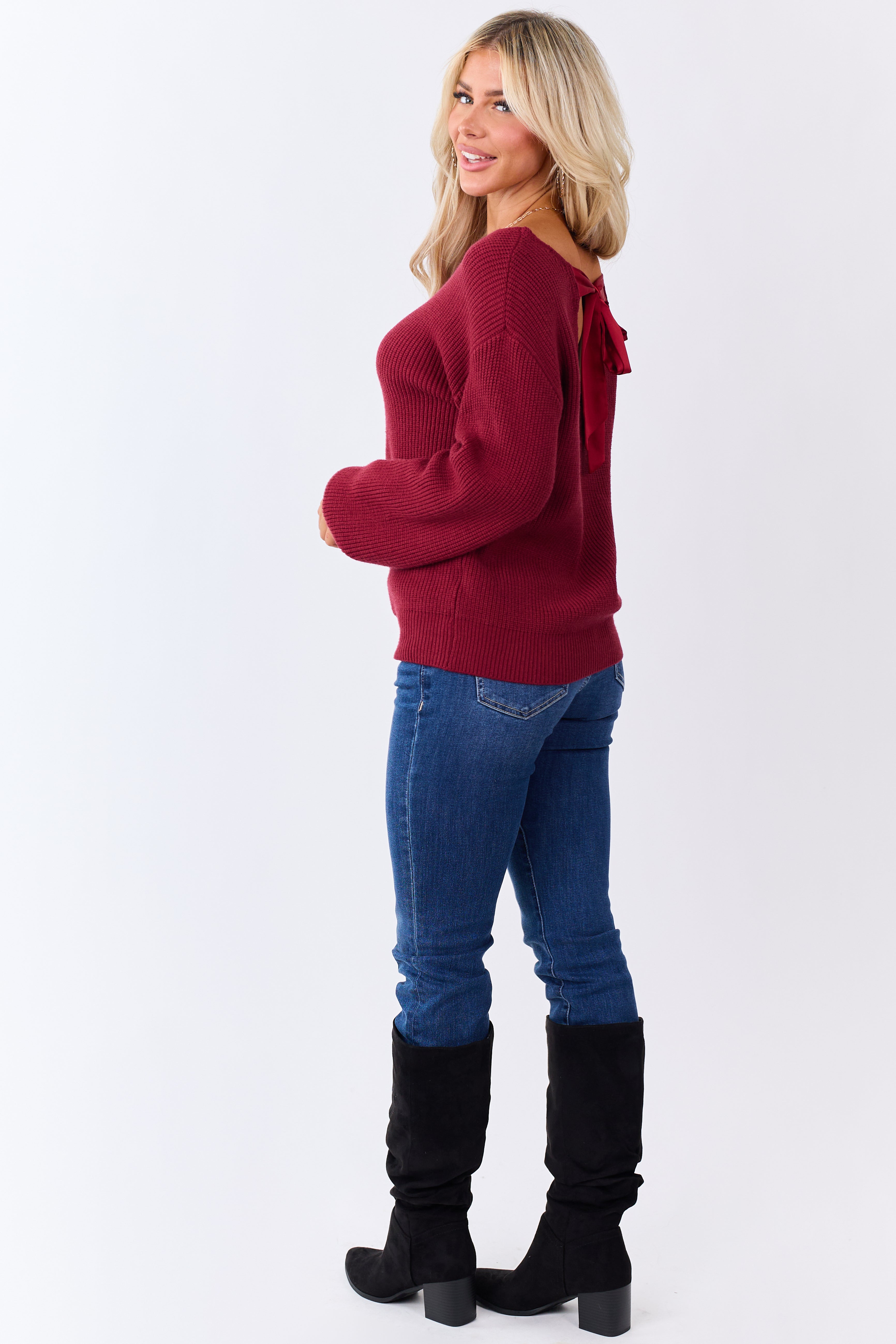 Maroon Rib Knit Low V Back Contrast Ribbon Sweater