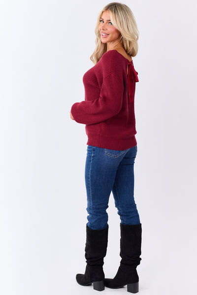 Maroon Rib Knit Low V Back Contrast Ribbon Sweater