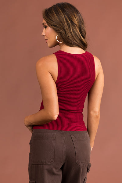 Maroon Ribbed Knit Fitted Sleeveless Top