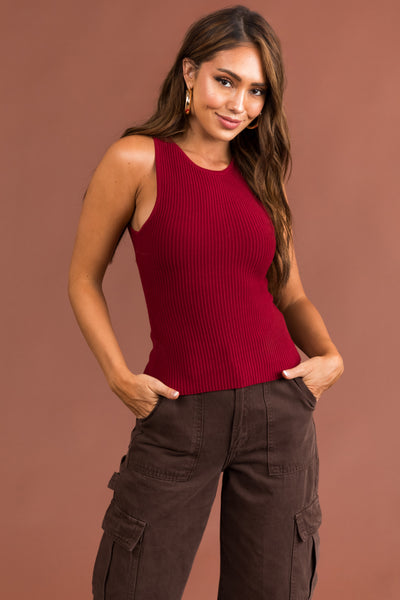 Maroon Ribbed Knit Fitted Sleeveless Top