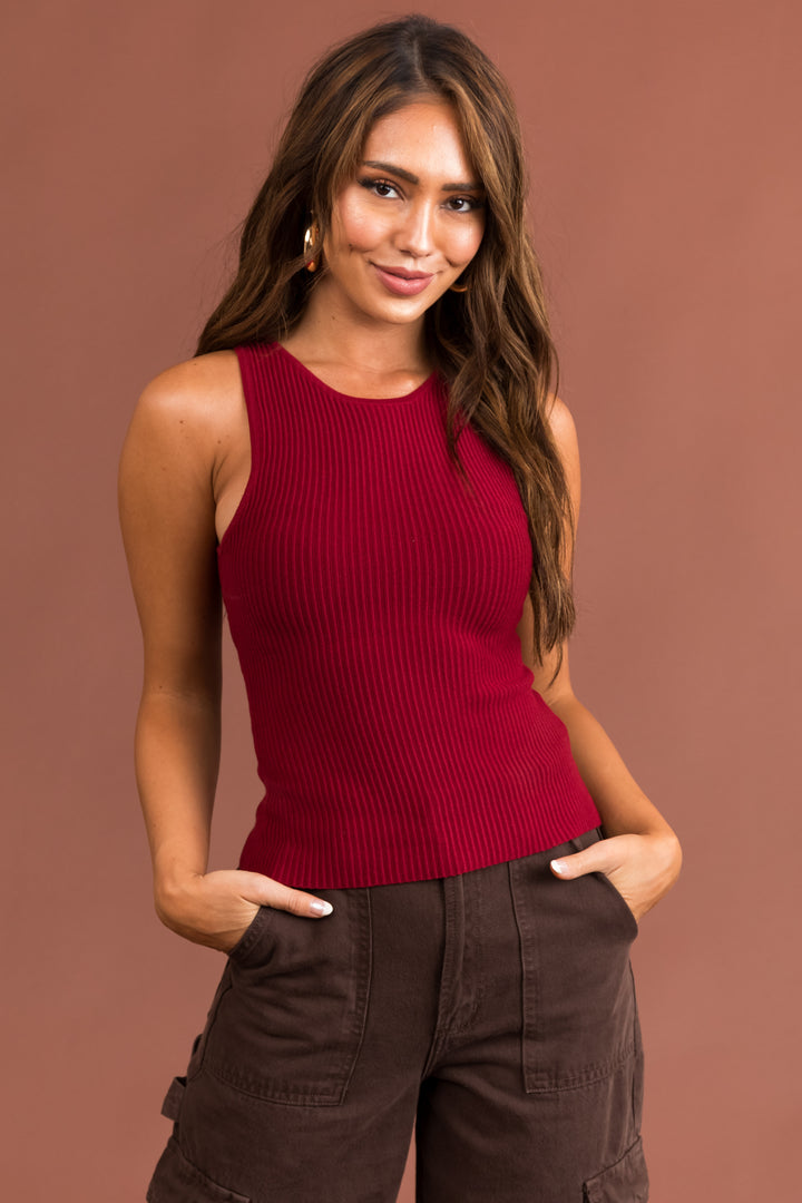Maroon Ribbed Knit Fitted Sleeveless Top