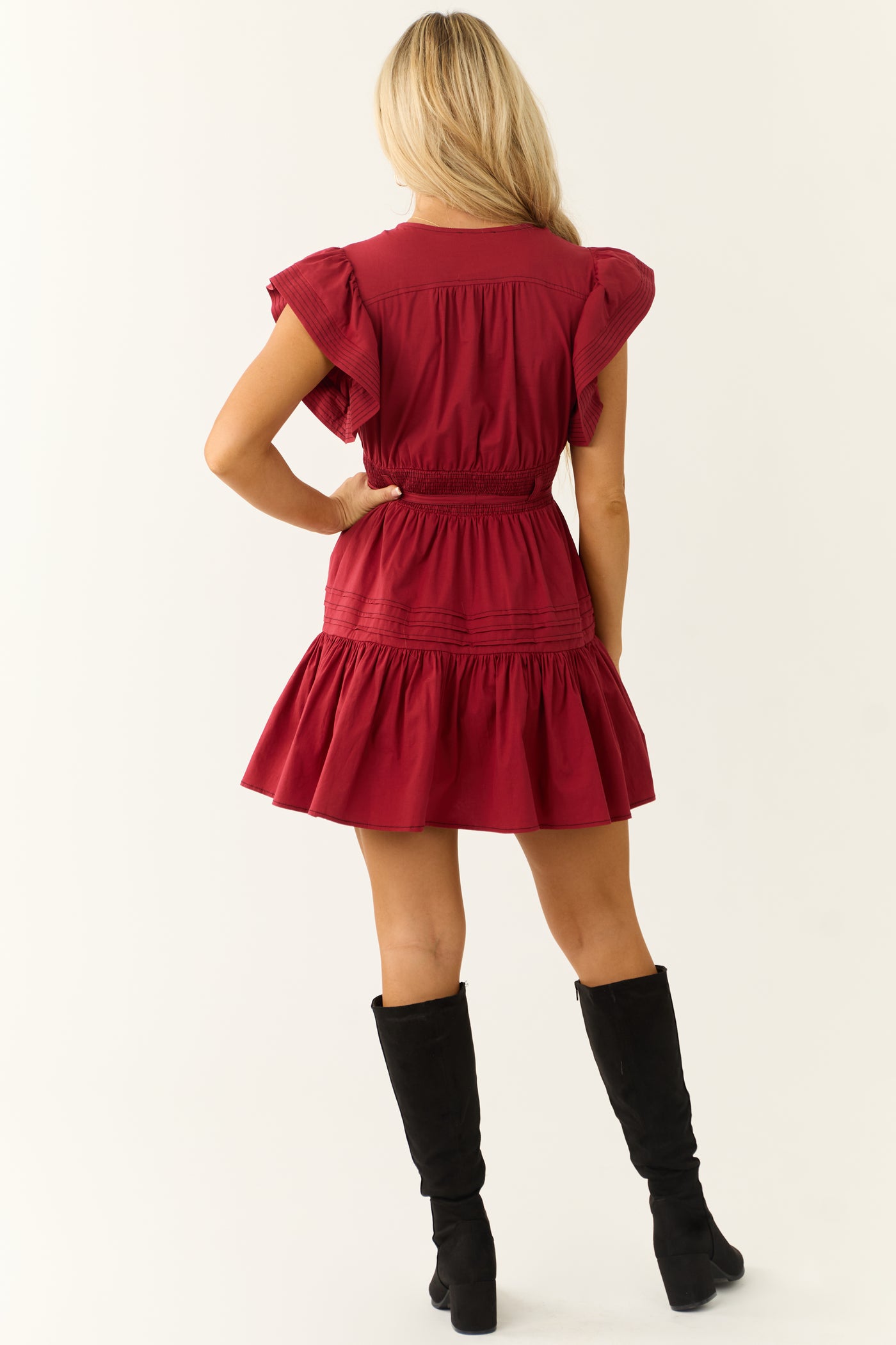 short-sleeved dress Maroon Ruffle Short Sleeve V Neck Mini Dress