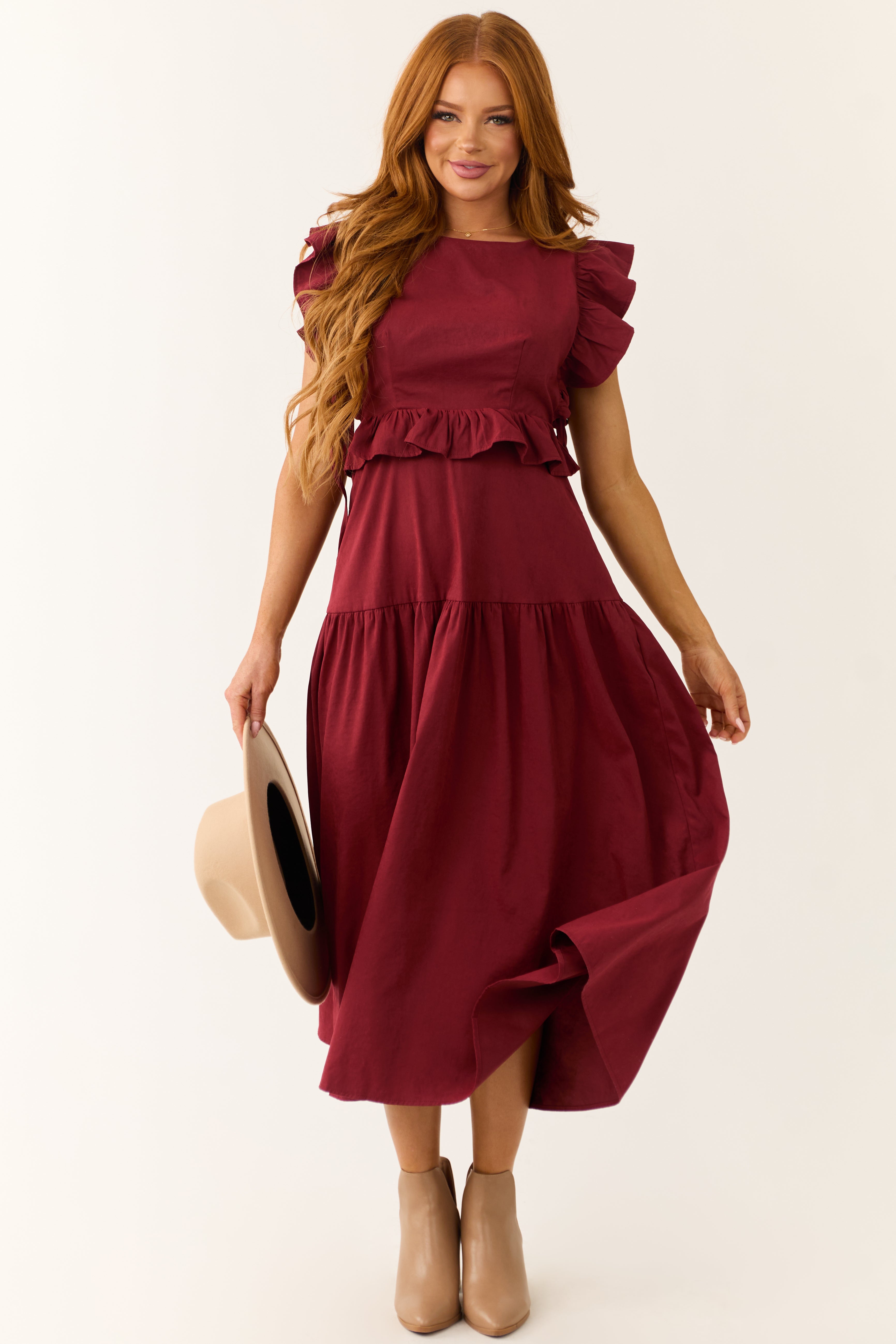 Maroon Ruffle Sleeve Midi Dress with Back Tie Maroon Ruffle Sleeve Midi Dress with Back Tie