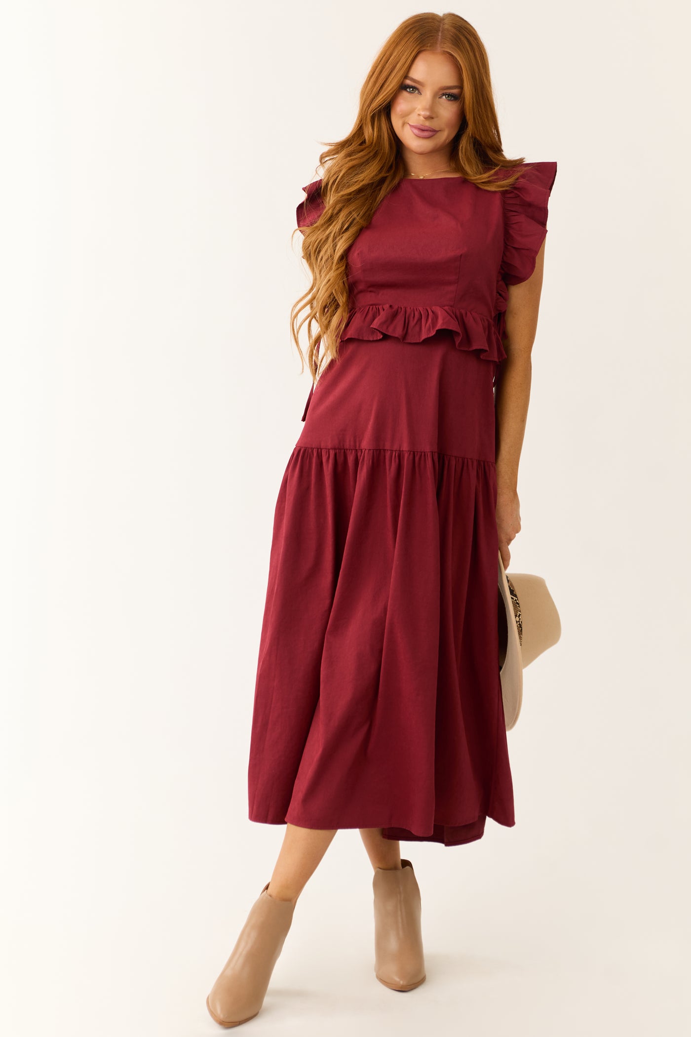ruffle sleeve midi dress Maroon Ruffle Sleeve Midi Dress with Back Tie