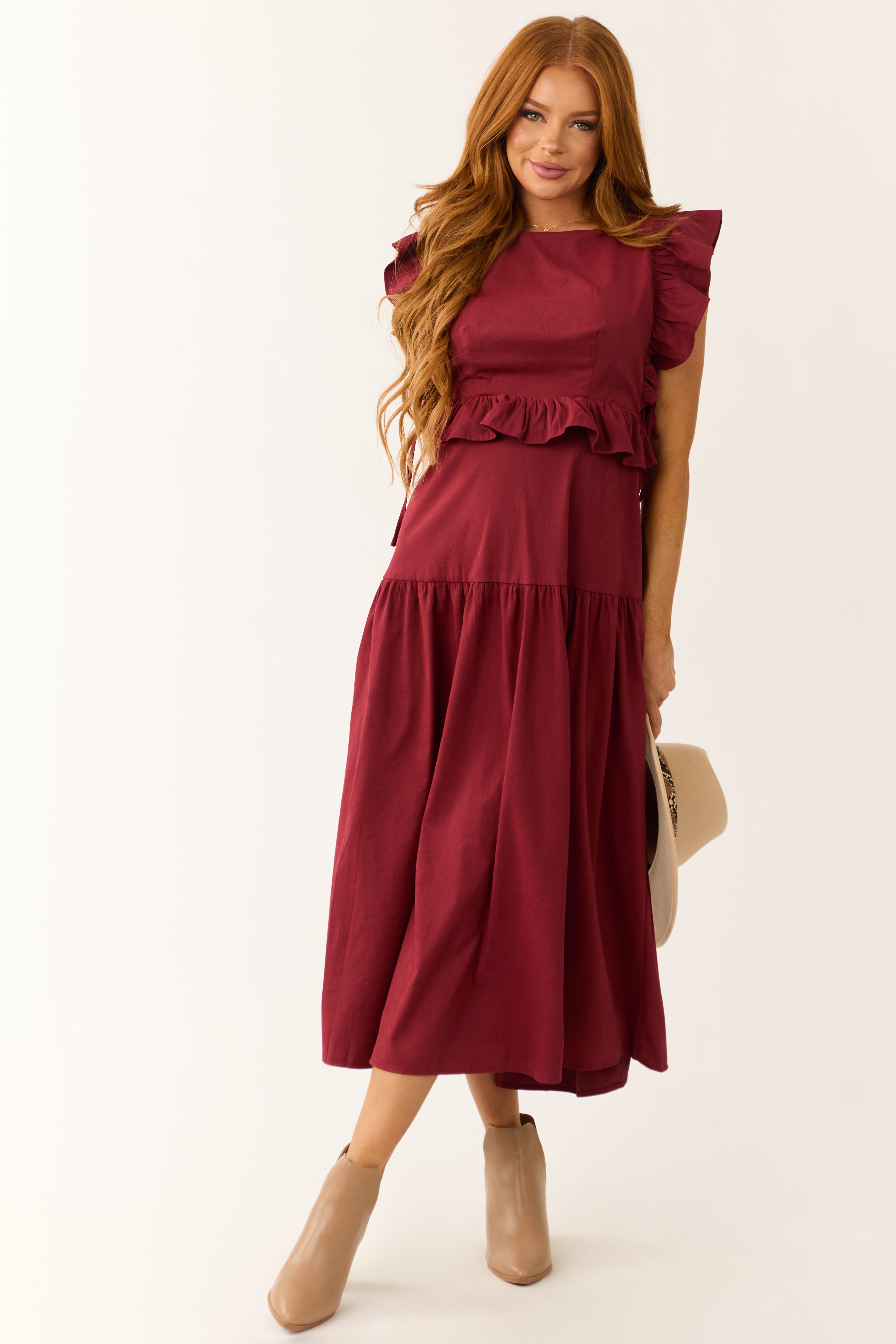 Maroon Ruffle Sleeve Midi Dress with Back Tie Lime Lush Boutique