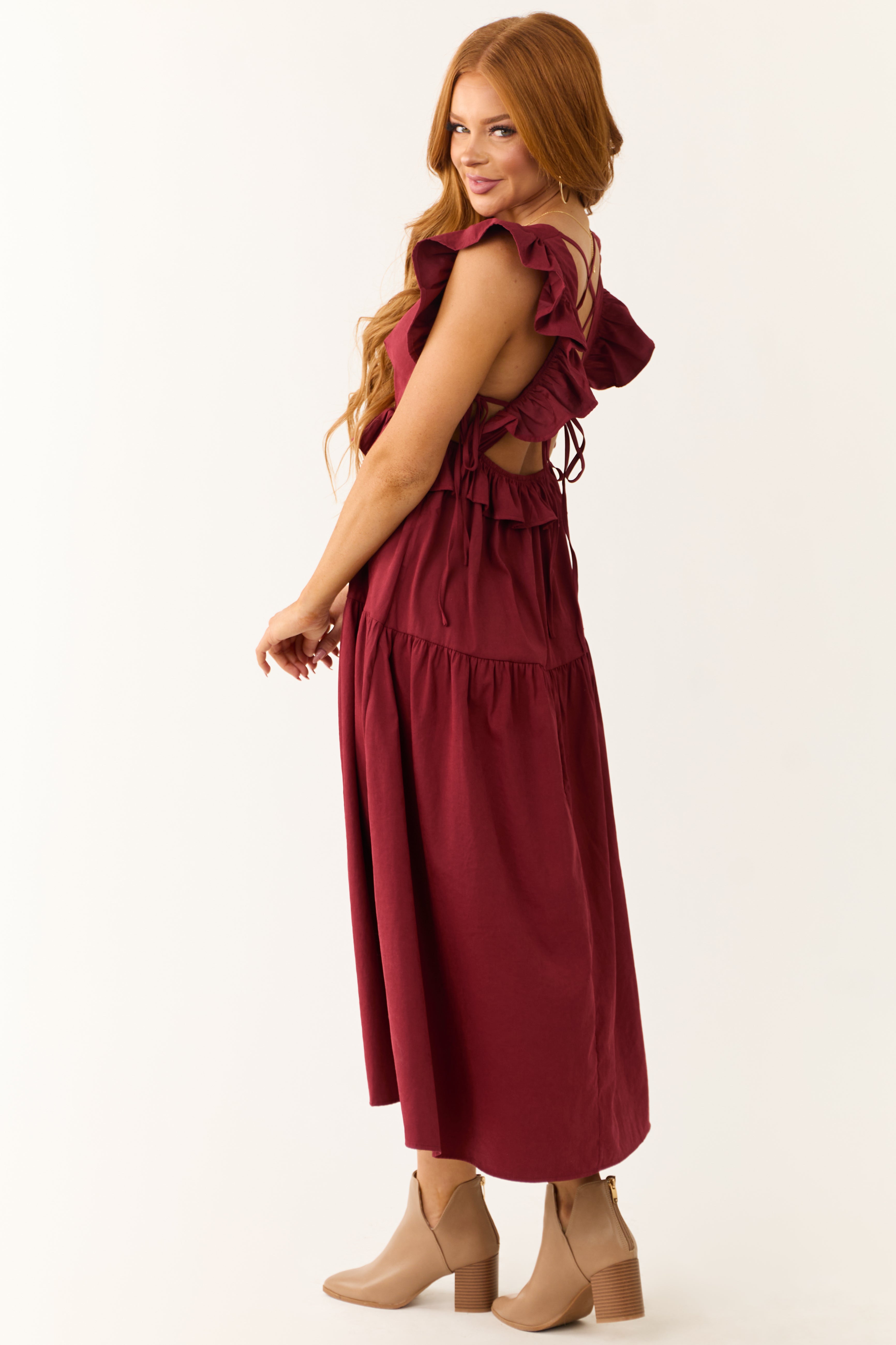 Maroon Ruffle Sleeve Midi Dress with Back Tie | Lime Lush Boutique Maroon Ruffle Sleeve Midi Dress with Back Tie | Lime Lush Boutique