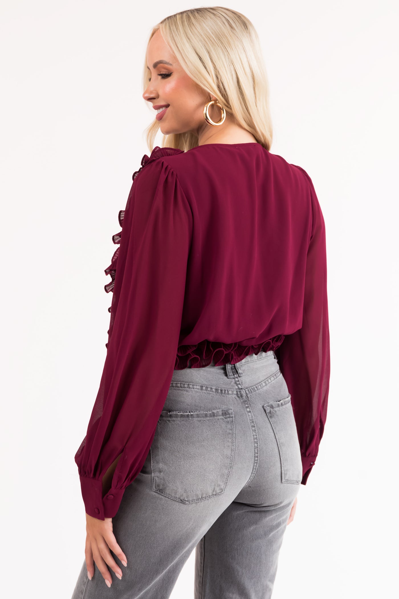 Maroon Ruffled V Neck Long Sleeve Woven Blouse