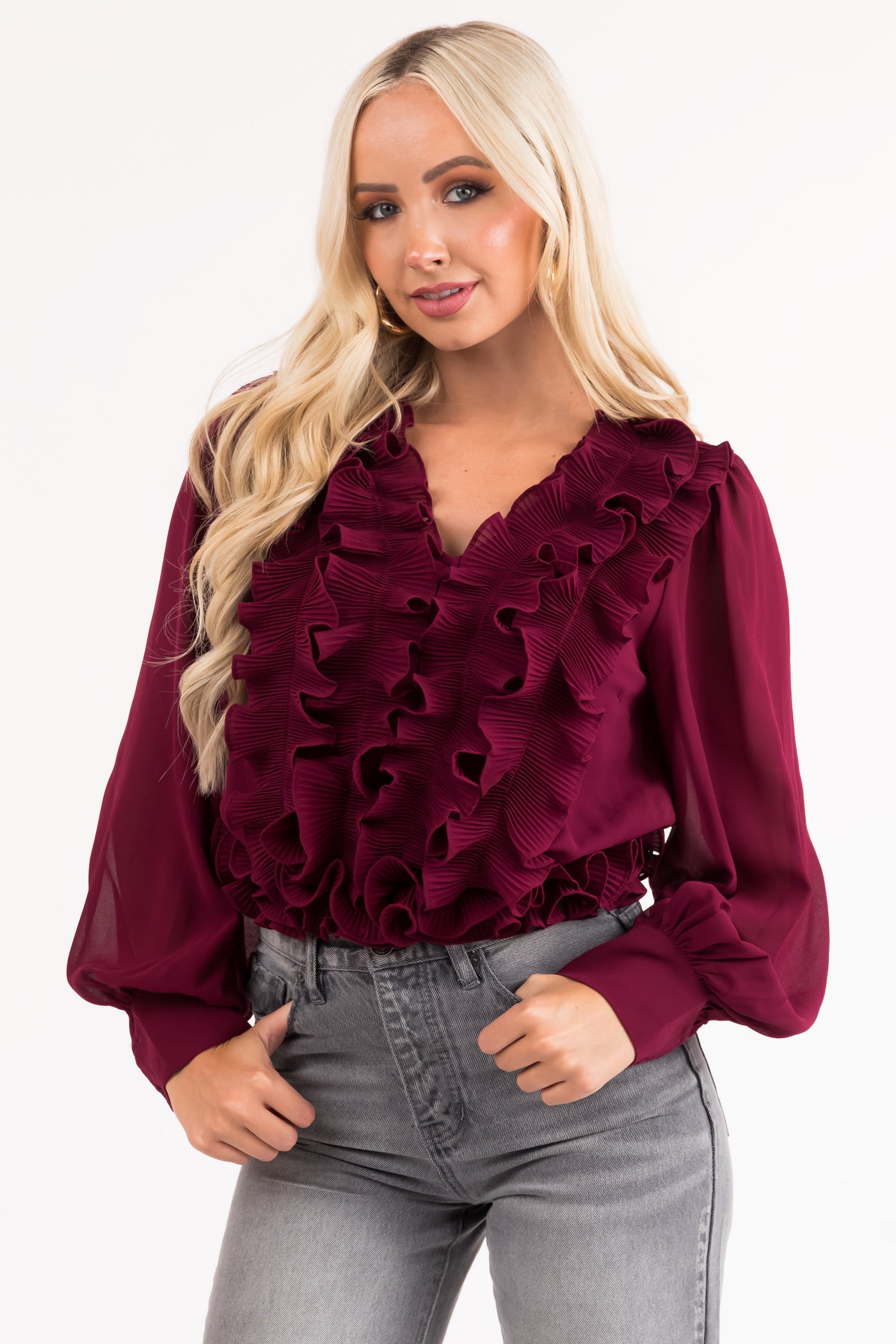 Maroon Ruffled V Neck Long Sleeve Woven Blouse