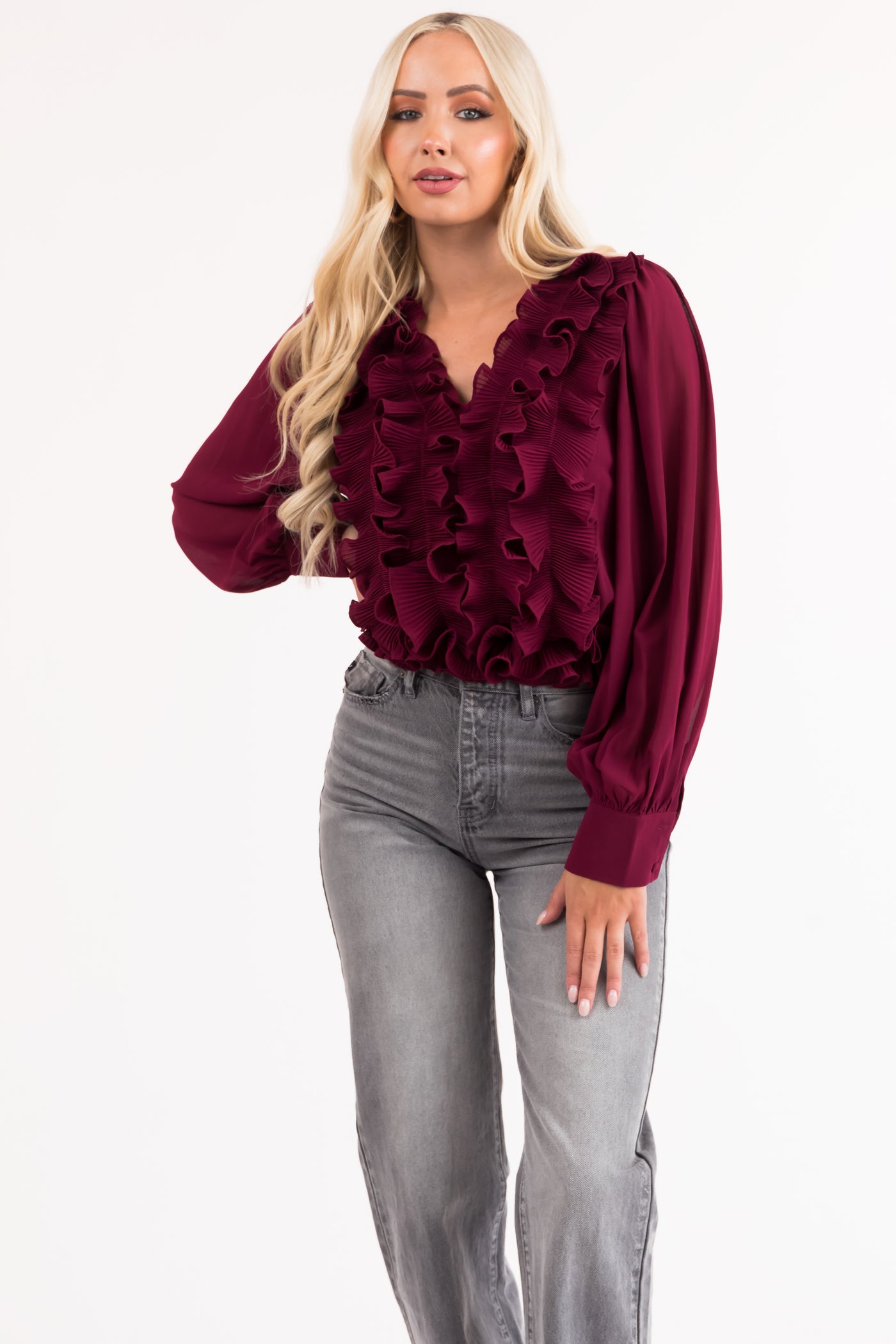 Maroon Ruffled V Neck Long Sleeve Woven Blouse