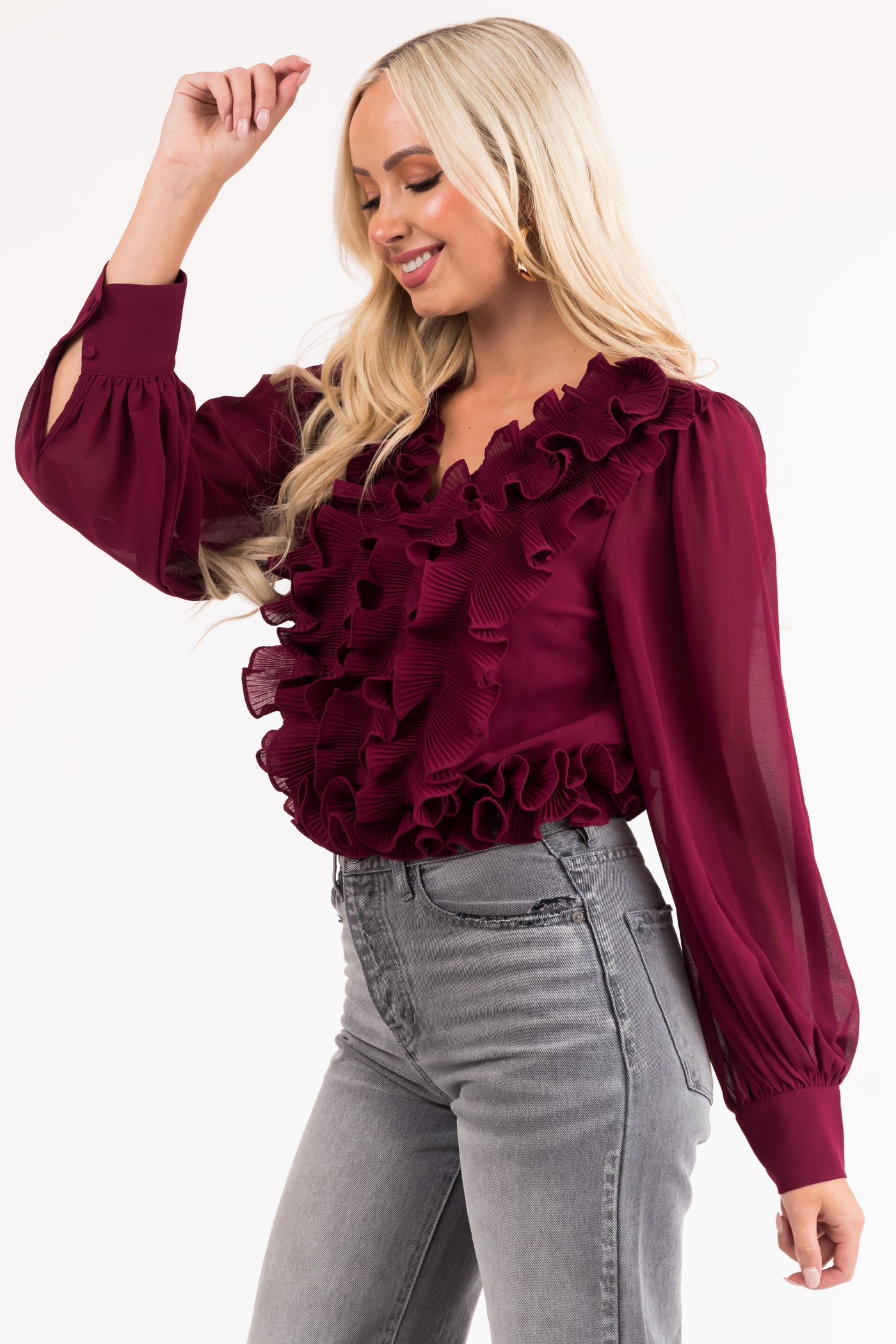 Maroon Ruffled V Neck Long Sleeve Woven Blouse