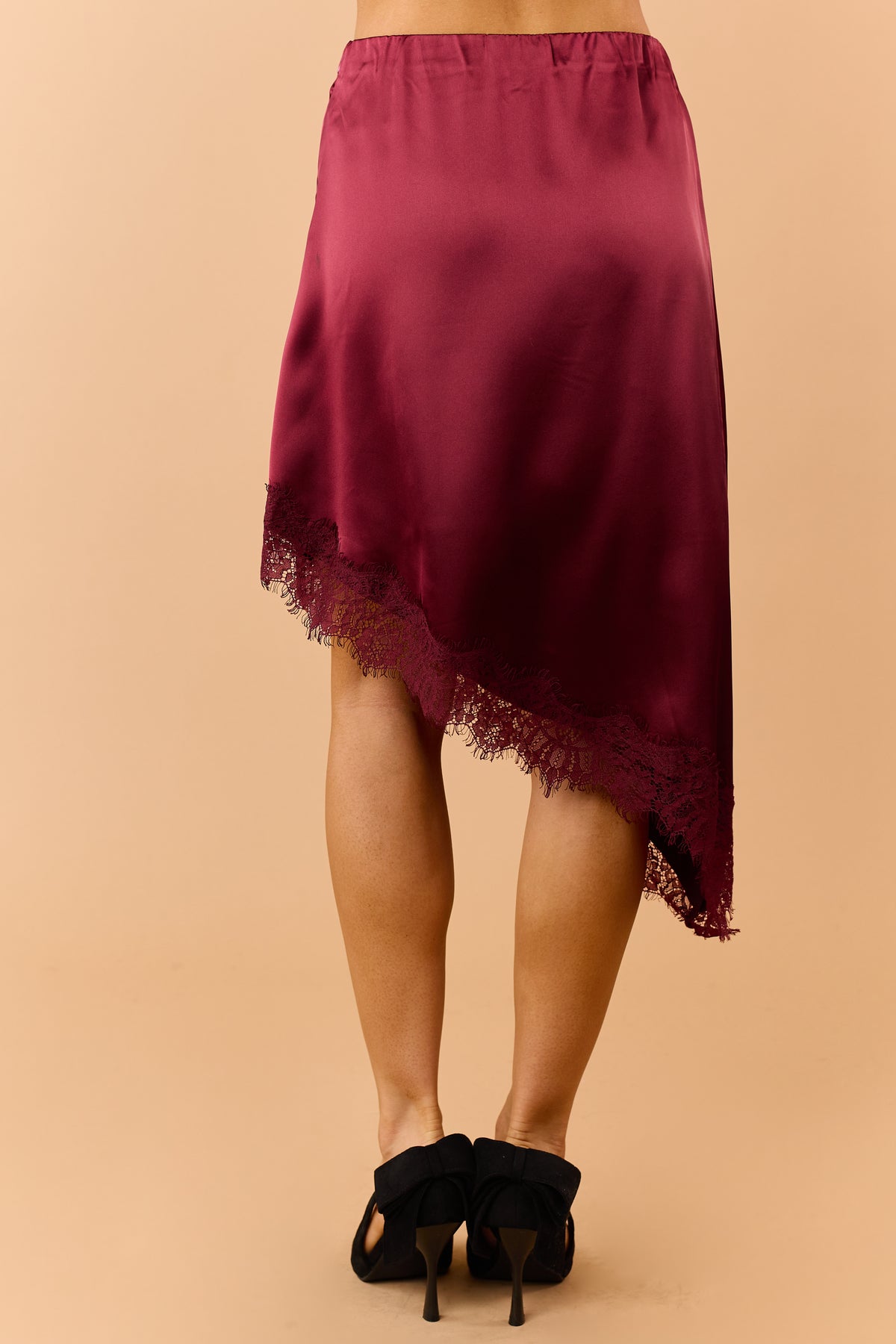 Maroon Satin Asymmetrical Lace Hem Skirt
