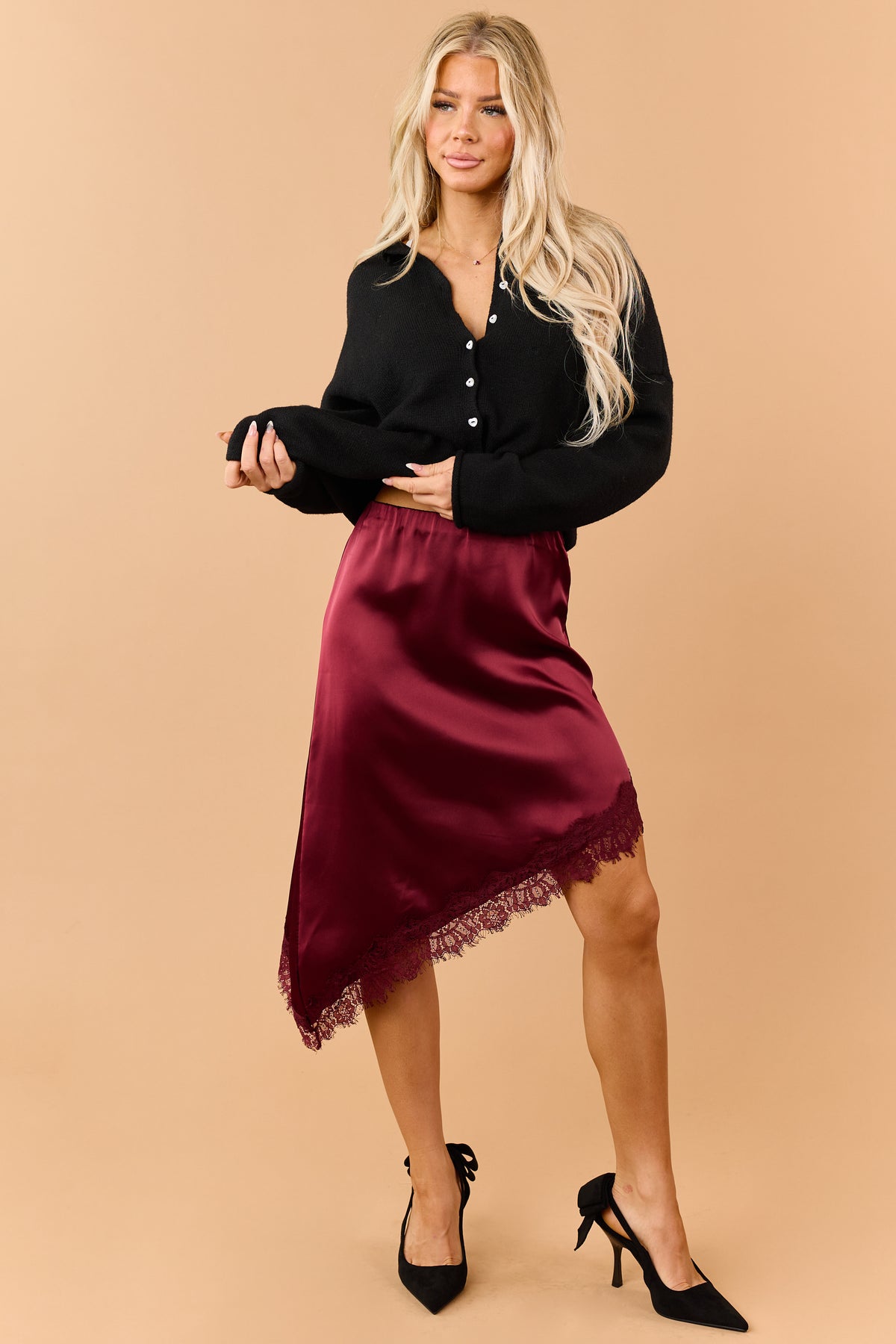 Maroon Satin Asymmetrical Lace Hem Skirt