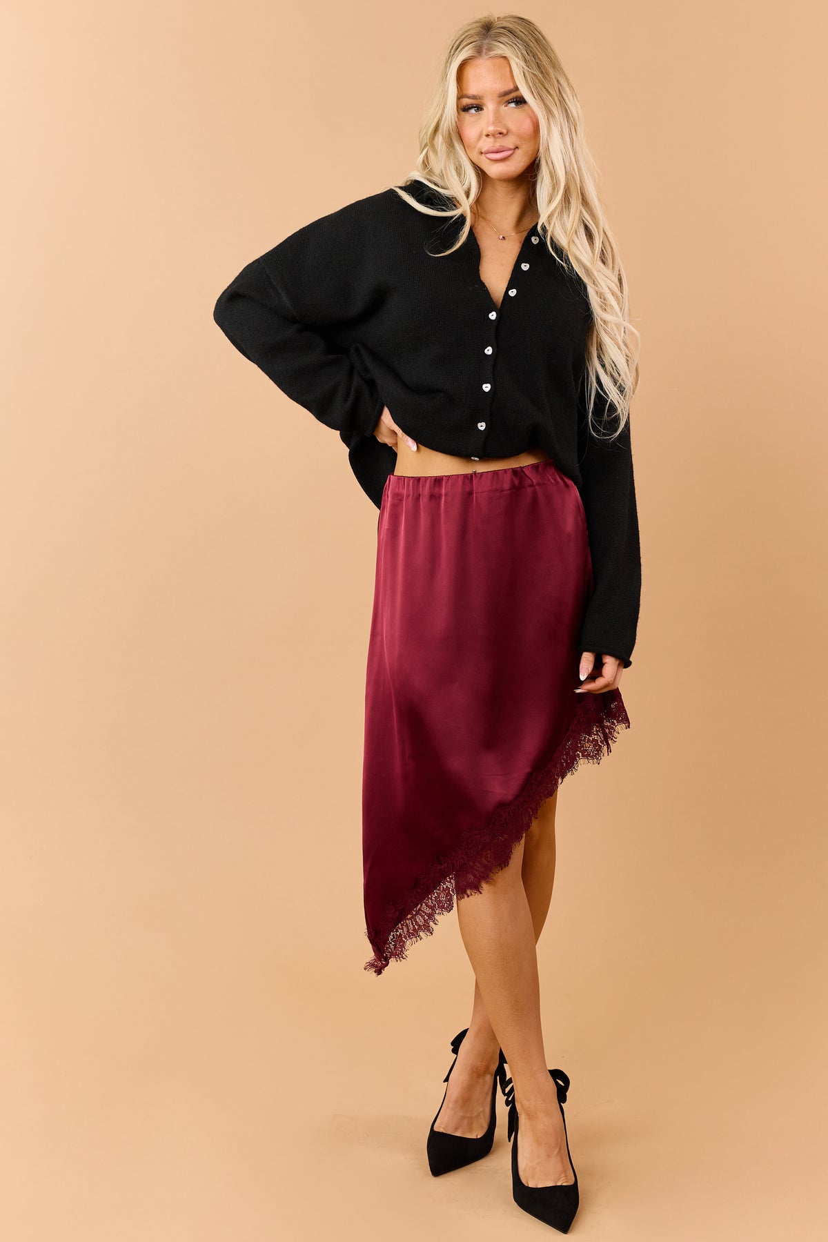 Maroon Satin Asymmetrical Lace Hem Skirt