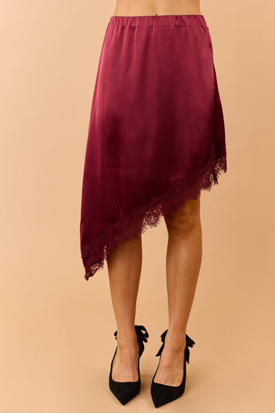 Maroon Satin Asymmetrical Lace Hem Skirt