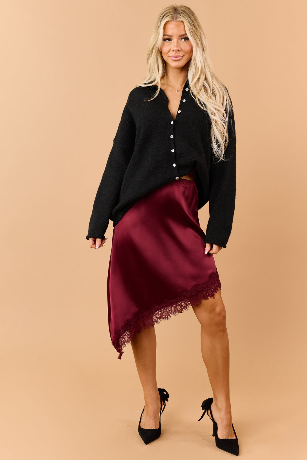 Maroon Satin Asymmetrical Lace Hem Skirt