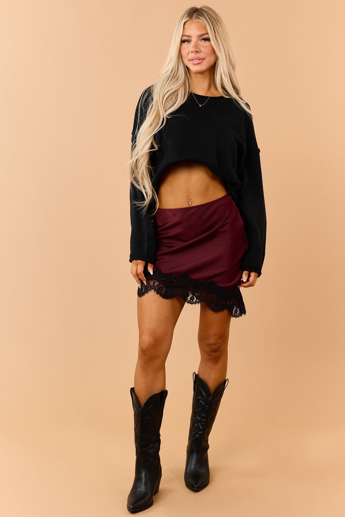Maroon Satin Asymmetrical Lace Hem Slip Skirt