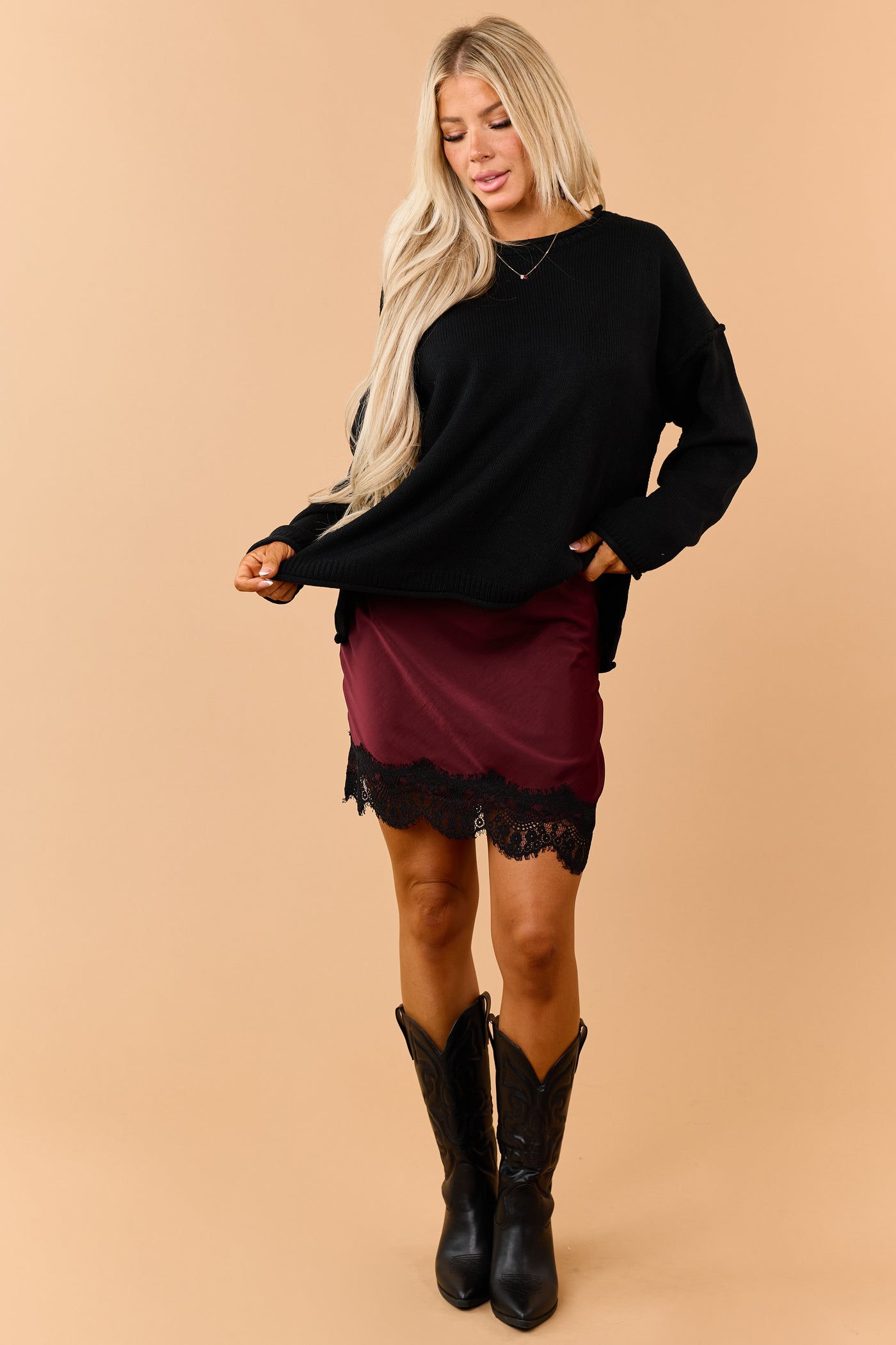 Maroon Satin Asymmetrical Lace Hem Slip Skirt