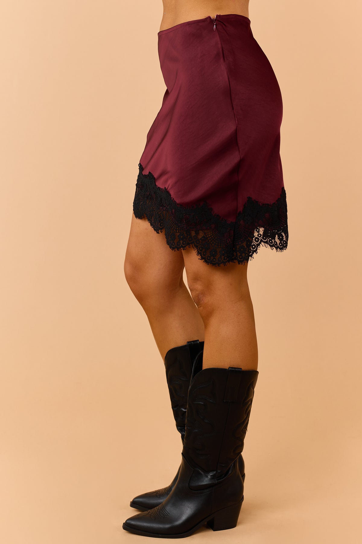 Maroon Satin Asymmetrical Lace Hem Slip Skirt