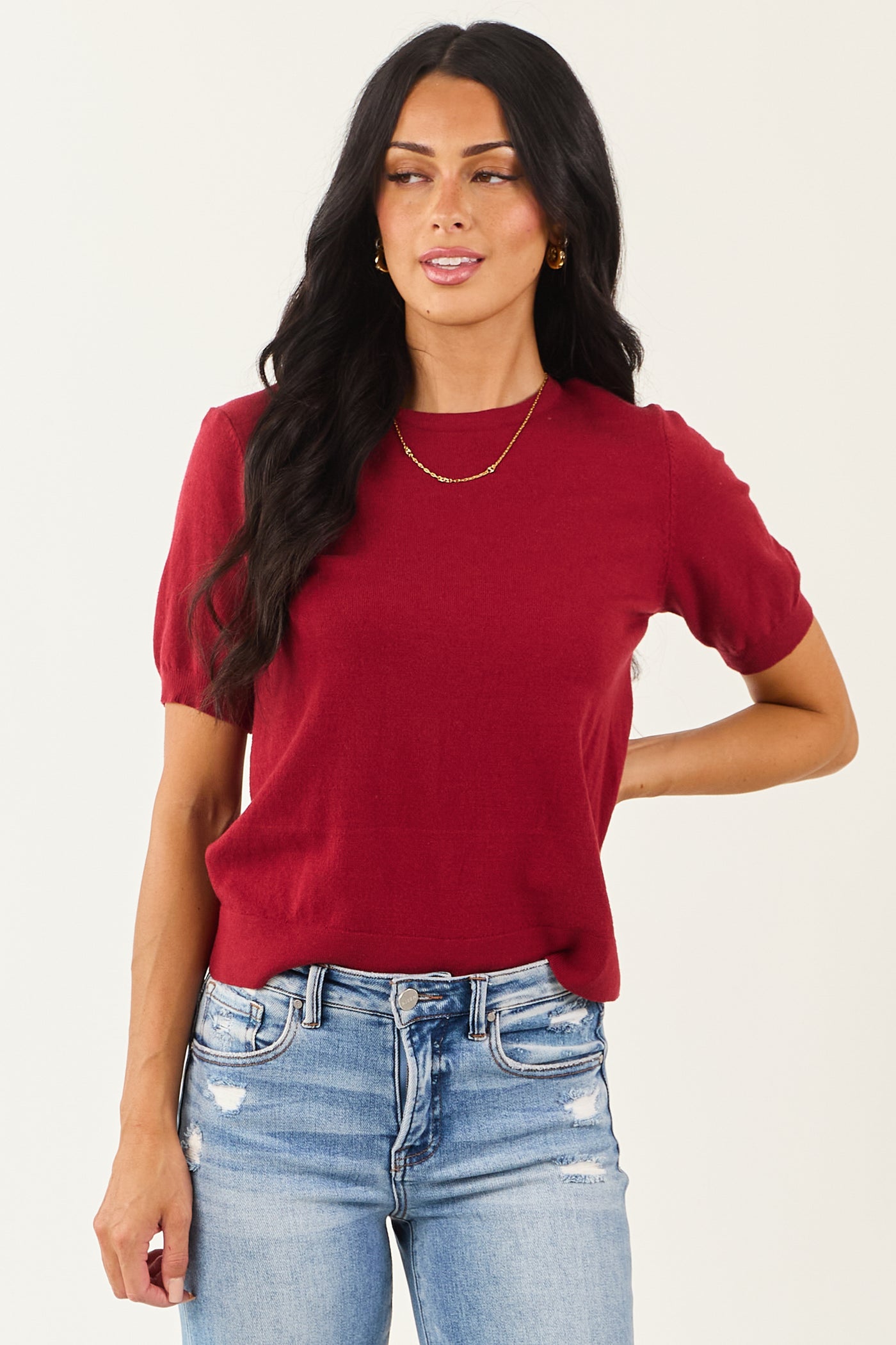 Maroon Short Puff Sleeve Soft Knit Top