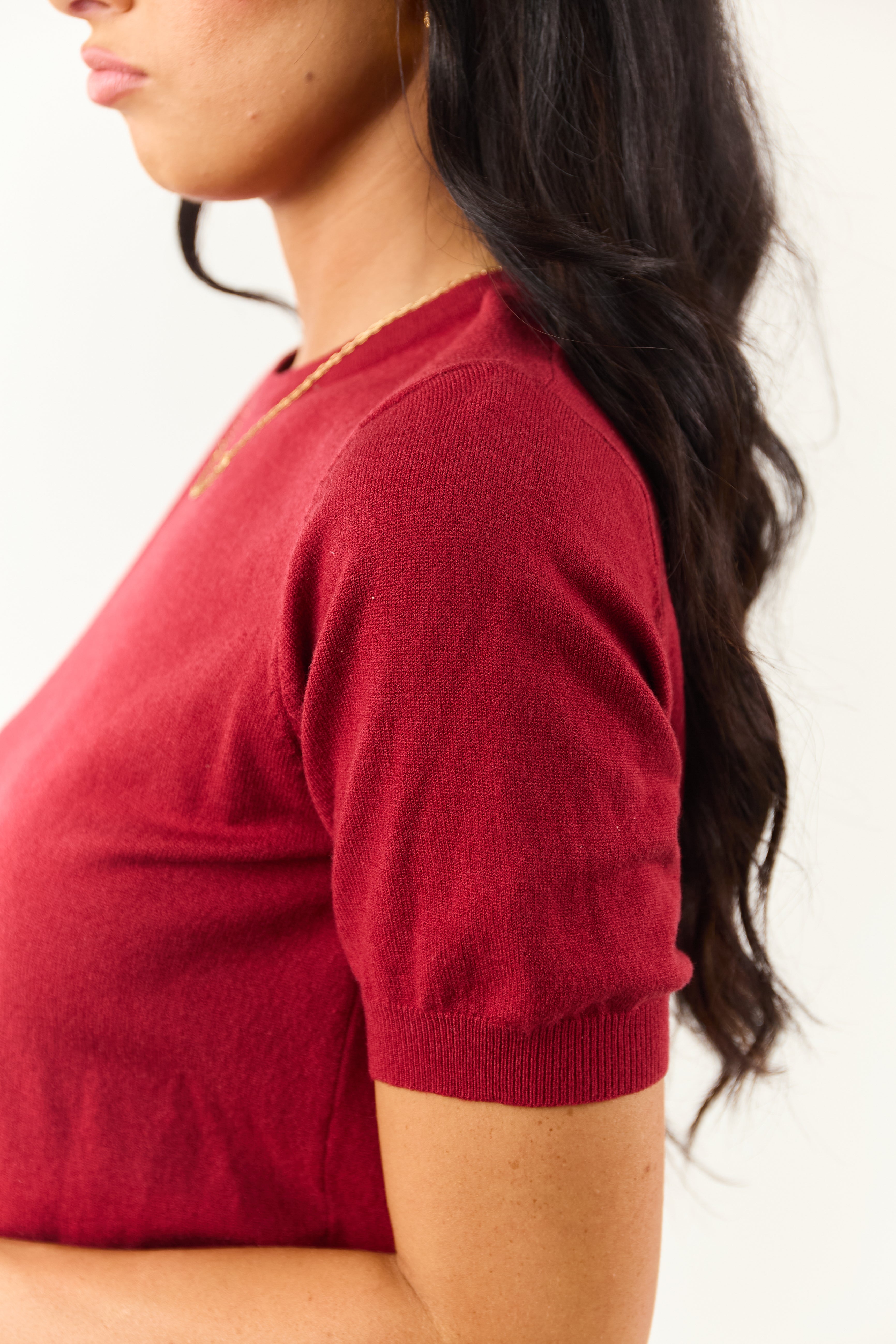 Maroon Short Puff Sleeve Soft Knit Top