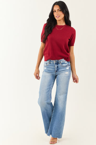 Maroon Short Puff Sleeve Soft Knit Top