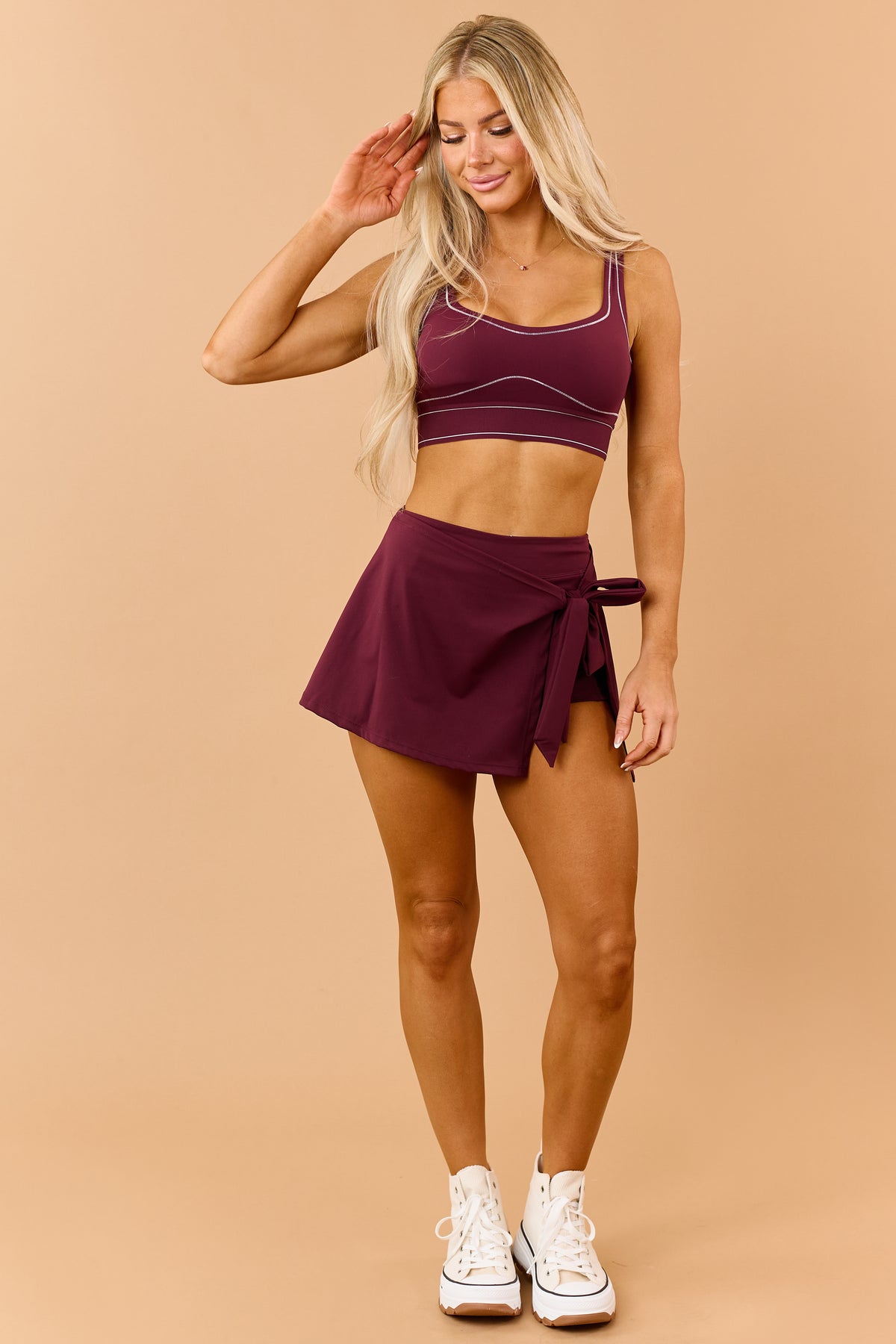 Maroon Stretchy Wrap Tie Mini Skort