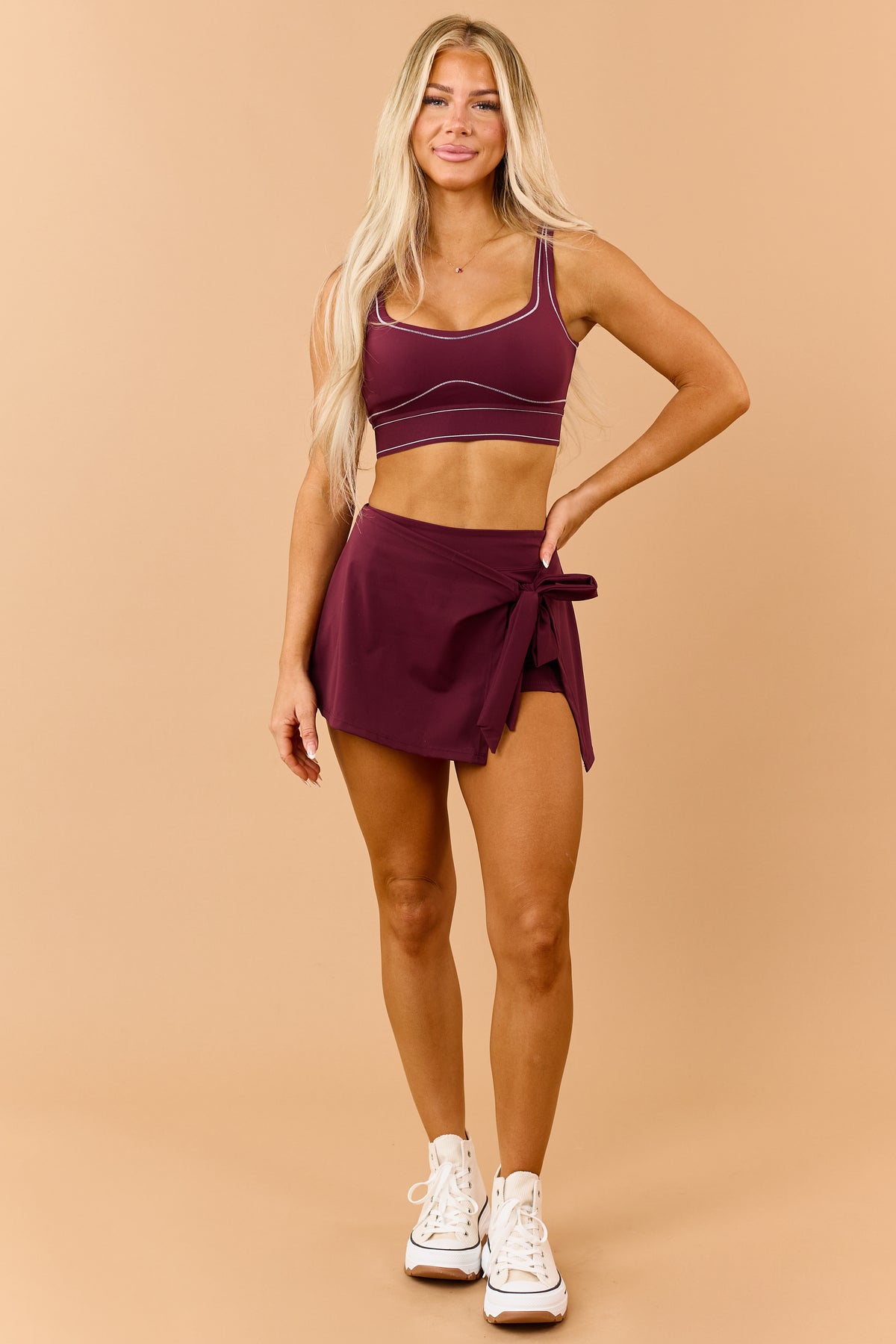 Maroon Stretchy Wrap Tie Mini Skort