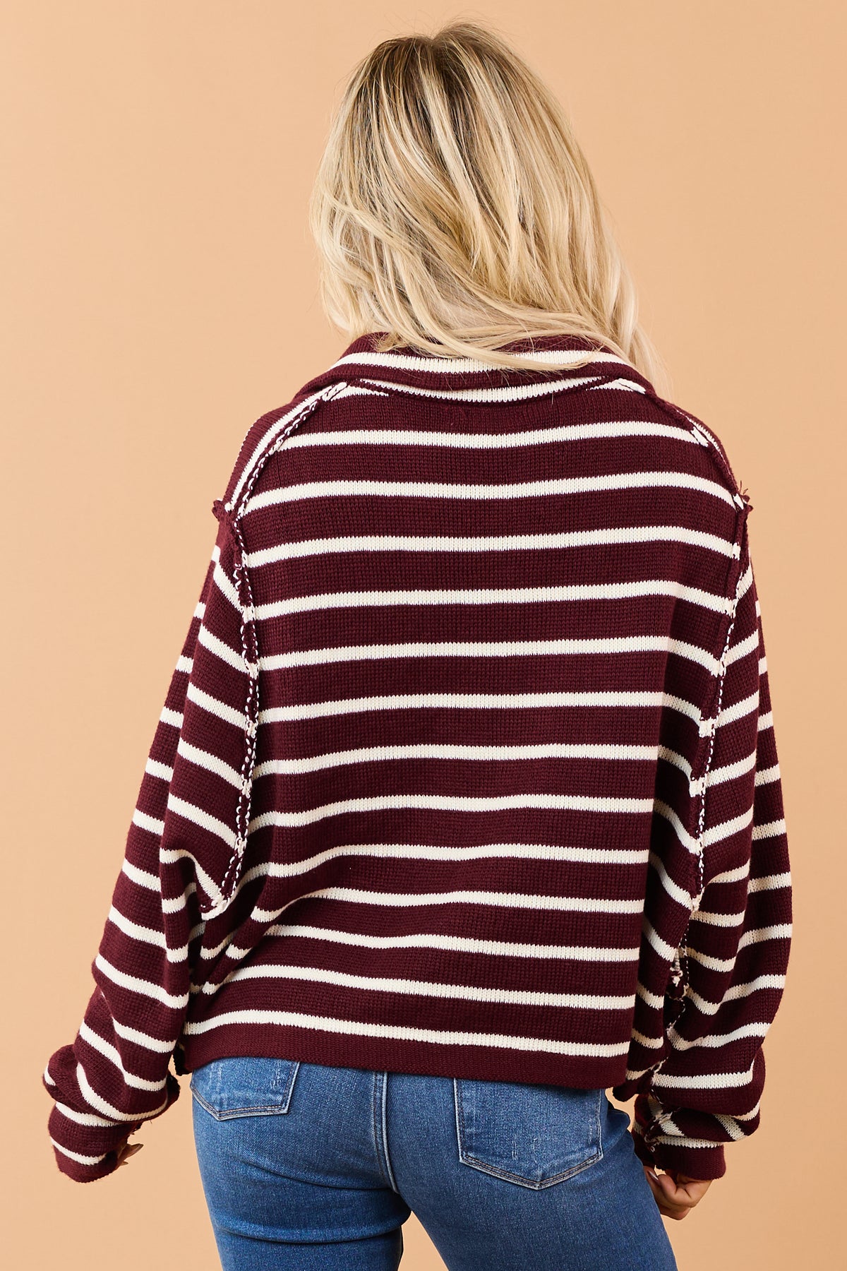 Maroon Striped Button Down Sweater Cardigan