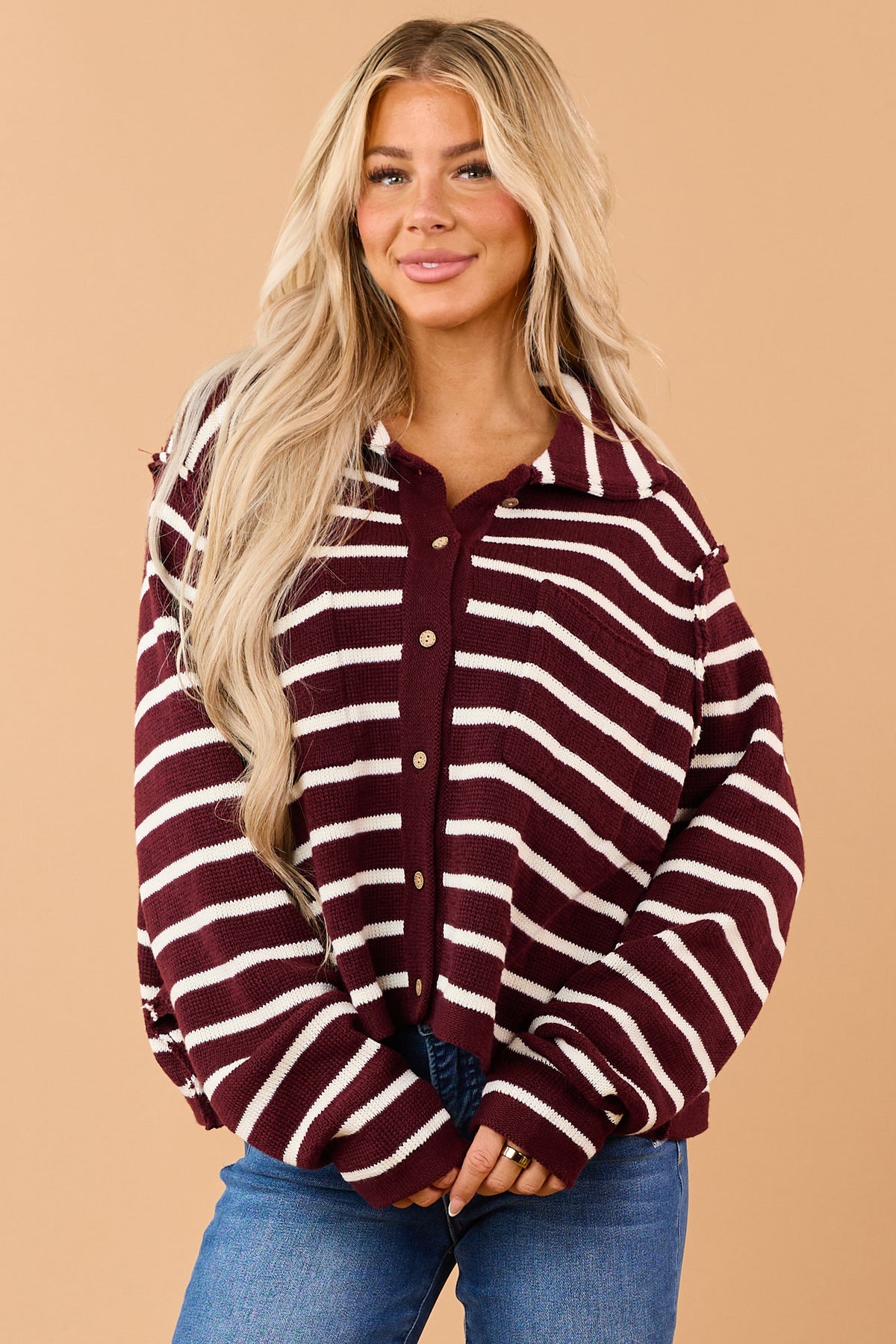 Maroon Striped Button Down Sweater Cardigan